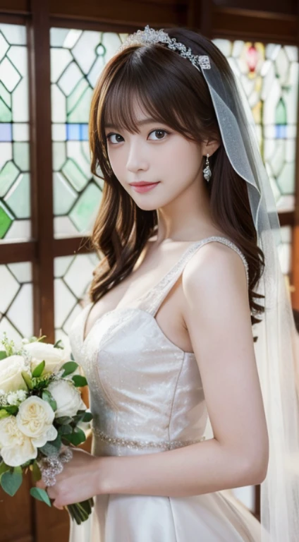 (highest quality,masterpiece:1.3,ultra high resolution,),(Super detailed,caustics),(Photoreal:1.4,RAW shooting,)ultra-realistic capture,very detailed,High resolution 16K human skin close-up。 natural skin texture、,The pores are、、、Must be detailed enough to be easily identified。 Skin should look even-toned and healthy。 Use natural light and color,1 girl,Japanese,cute,22 years ago,cry or laugh,look at the camera,Natural brown hair,half up,medium sized breasts,wedding veil,pure white wedding dress,holding a bouquet,stand upright,look at the camera,chapel,(Stained glass),Overflowing with light,(Front view),Front view,cowboy shot,natural soft light