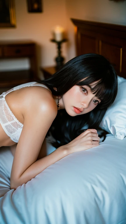 Best quality, 1girl, prone position on bed, wearing white silk underwear, black long hair with blunt bangs, cozy and inviting atmosphere, soft focus background
