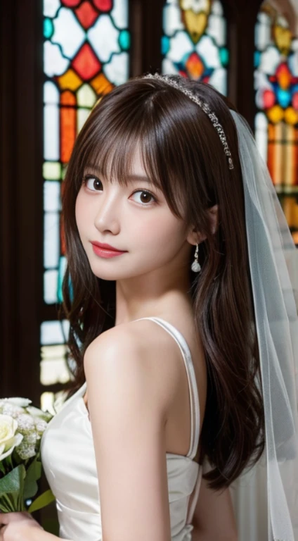 (highest quality,masterpiece:1.3,ultra high resolution,),(Super detailed,caustics),(Photoreal:1.4,RAW shooting,)ultra-realistic capture,very detailed,High resolution 16K human skin close-up。 natural skin texture、,The pores are、、、Must be detailed enough to be easily identified。 Skin should look even-toned and healthy。 Use natural light and color,1 girl,Japanese,cute,22 years ago,cry or laugh,look at the camera,Natural brown hair,half up,medium sized breasts,wedding veil,pure white wedding dress,holding a bouquet,stand upright,look at the camera,chapel,(Stained glass),Overflowing with light,(Front view),Front view,cowboy shot,natural soft light