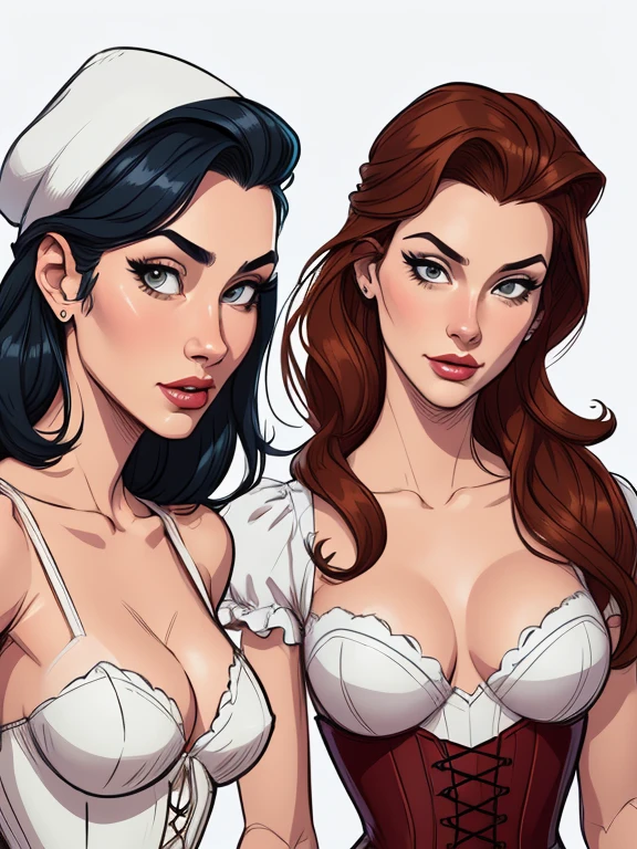 Beautiful character pose in dynamic love pose two women together Snow White on the left and together with Cinderella on the right they are girlfriends with a symmetrical body with a corset and beautiful breasts, corpo bem definido, delicado e sensual, estilo de desenho animado, digital illustration white background detailed art sensual eyes perfect hands with 5 open smile showing teeth