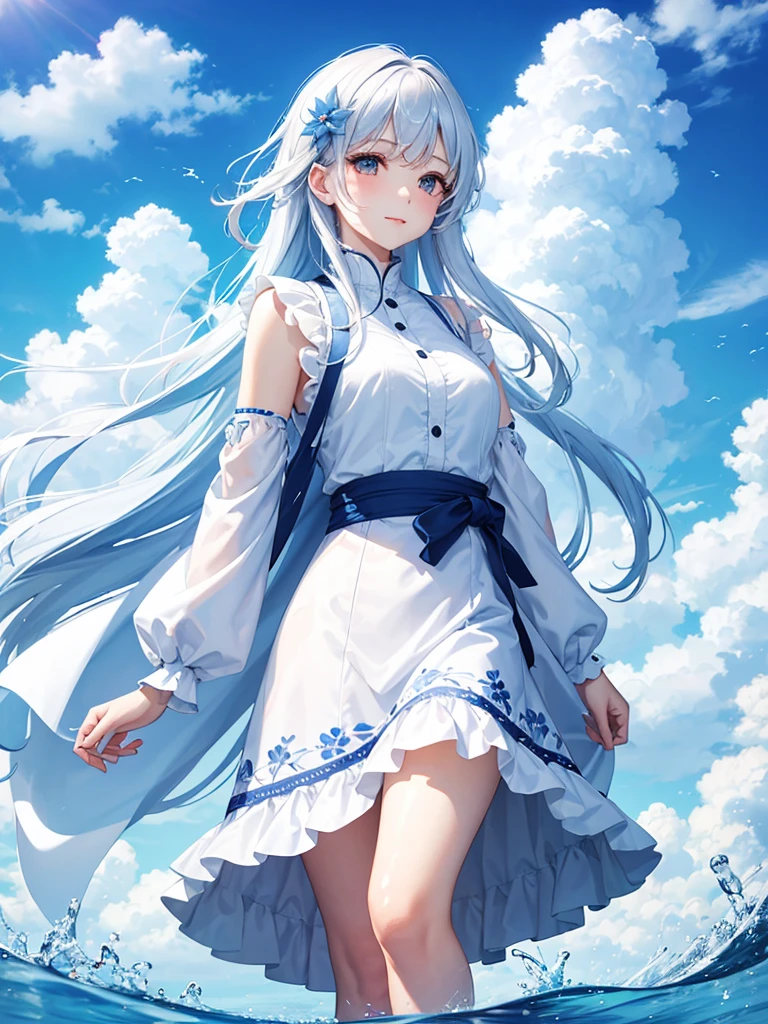 A woman,Mature,cute,pretty,white,blue,Colorful,cloud,flower,water