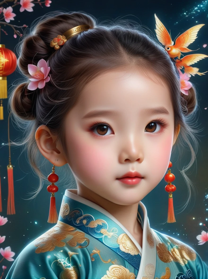 Works of Chinese style masters，shining，dream色彩，art，Ethereal，dream，((美轮美奂的5 精灵小女孩))，(((5 years oldo))，cute，kawaii，Detailed facial features of a child，glowing eyes，Ethereal光辉，wonderland，(Little)，((Bun hair bun))，composition，Dazzling colors，Stunning visual effects，otherworldly appearance，Fascinating artistry，(anatomically correct, 8k)，((Super high saturation:1.8))