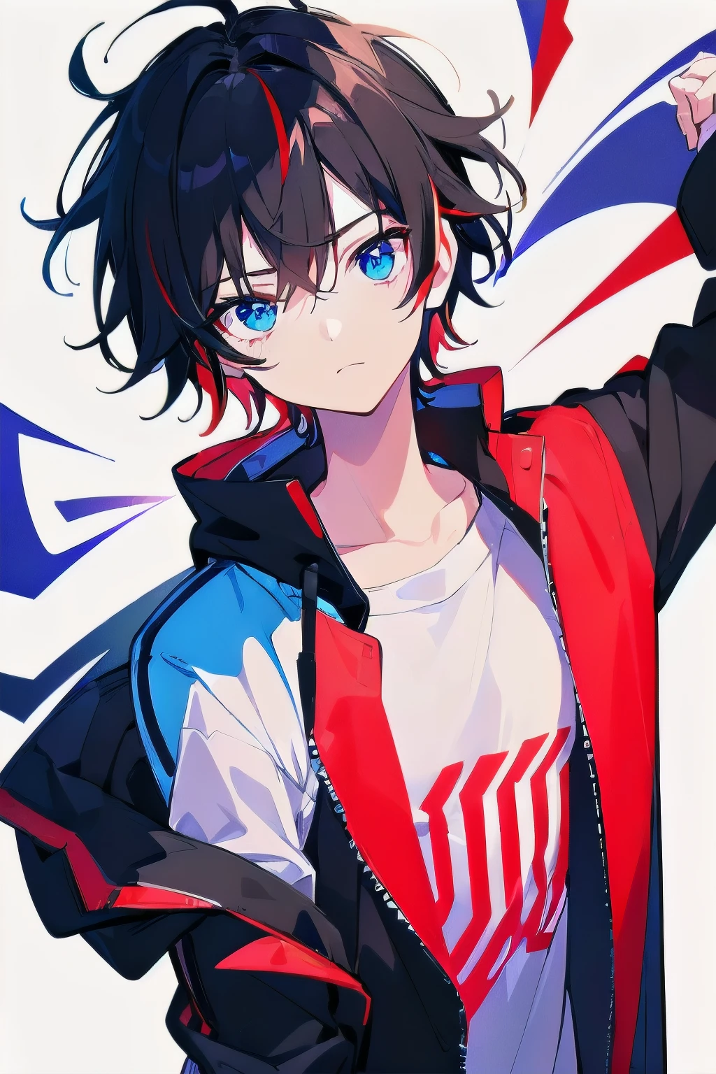 [(WHITE BACKGROUND:1.5),::5], ((((masterpiece)))), high quality, ultra very high resolution, full color, (((solo))), ((little boy)), black hair, ((red streaked hair)), blue eyes, anime, upper body, neon light, black parka, upper body, 