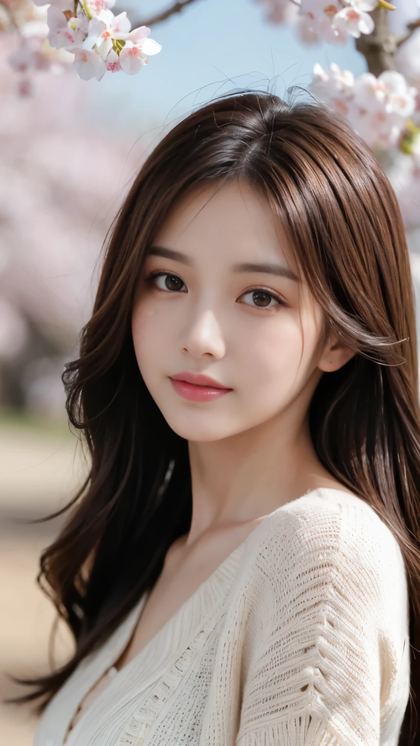 masterpiece, highest quality, realistic, Super detailed, finely, High resolution, 8k wallpaper, 1 beautiful woman, light brown messy hair, sharp focus, perfect dynamic composition, detailed and beautiful eyes, fine hair, Detailed and realistic skin texture, smile, portrait, model body shape, Take a walk through the cherry blossom park,