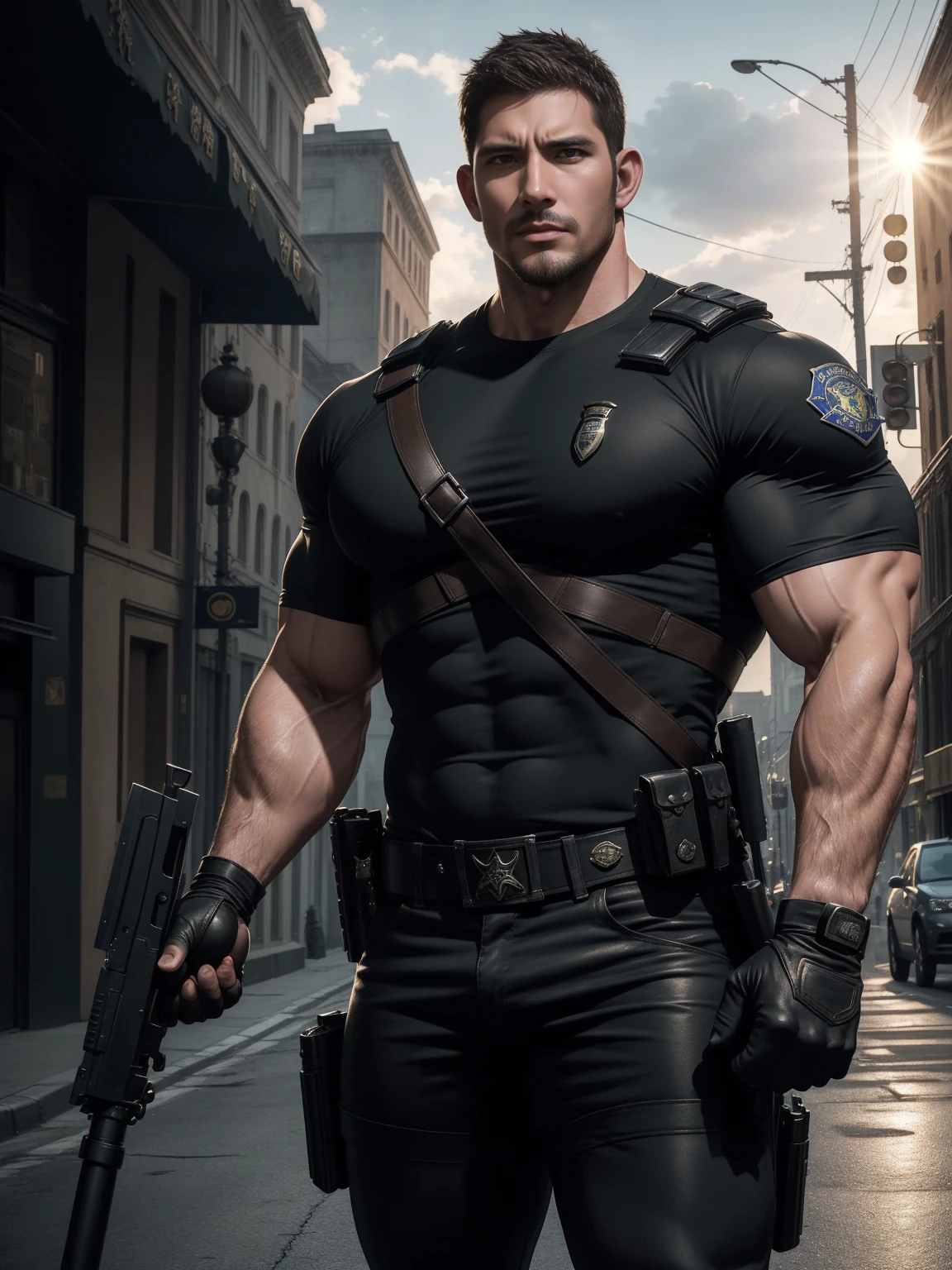 One Tall giant muscular police officer, Chinese police hat, Big black mask, Stocking-like gloves, On the outdoor street, Brown skinny T-shirt, The expression is arrogant, Lift your chin, disheveled hair, thick thighs, Brown skinny T-shirt, Very tight, Regular symmetrical pattern, Accentuate muscles, Police uniform pants, character concept(Resident Evil - chris redfield, chris redfield)proud expression, Deep and charming eyes, heroic male pose, tall burly, muscular!muscular thighs, tough guy, perfect facial features, High, burly, Heqiang, Super gain and cool, high resolution committee, Charming strong man, The sun is blazing, Dazzling