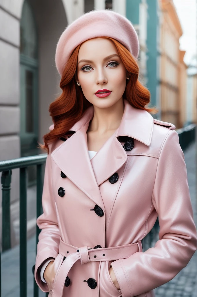 A close-up portrait of a gorgeous, beautiful, stunning russian woman wearing a classy elegant outfit: a pale pink belted double breasted leather trench coat with black buttons, a white blouse, a pale pink beret. A redhead woman from Russia, delicate red lips, pastel pink skin tone, soft flawless pale skin, elegant make-up, red lipstick. Classy, elegant, sophisticated redhead woman, a majestic lady, dream beauty, ethereal beauty, angelical beauty, delicate, sensitive, tender, lovely, romantic, kind-hearted, feminine and strong, brave, determined woman from Russia. Elegant lookpink style, flowing and glowing wavy ginger hair. She's making a photo book, posing for camera, professional photograph, editorial photograph, portrait photograph of a russian model.