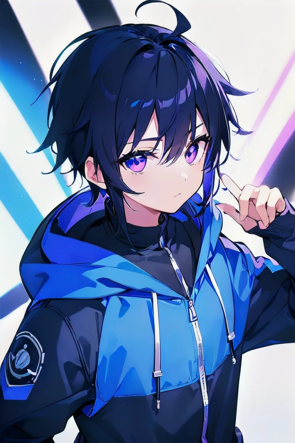 [(WHITE BACKGROUND:1.5),::5], ((((masterpiece)))), high quality, ultra very high resolution, full color, (((solo))), ((**********)), black hair, ((blue colored inner hair)), ((purple eyes)), anime, upper body, neon light, black parka, upper body, 