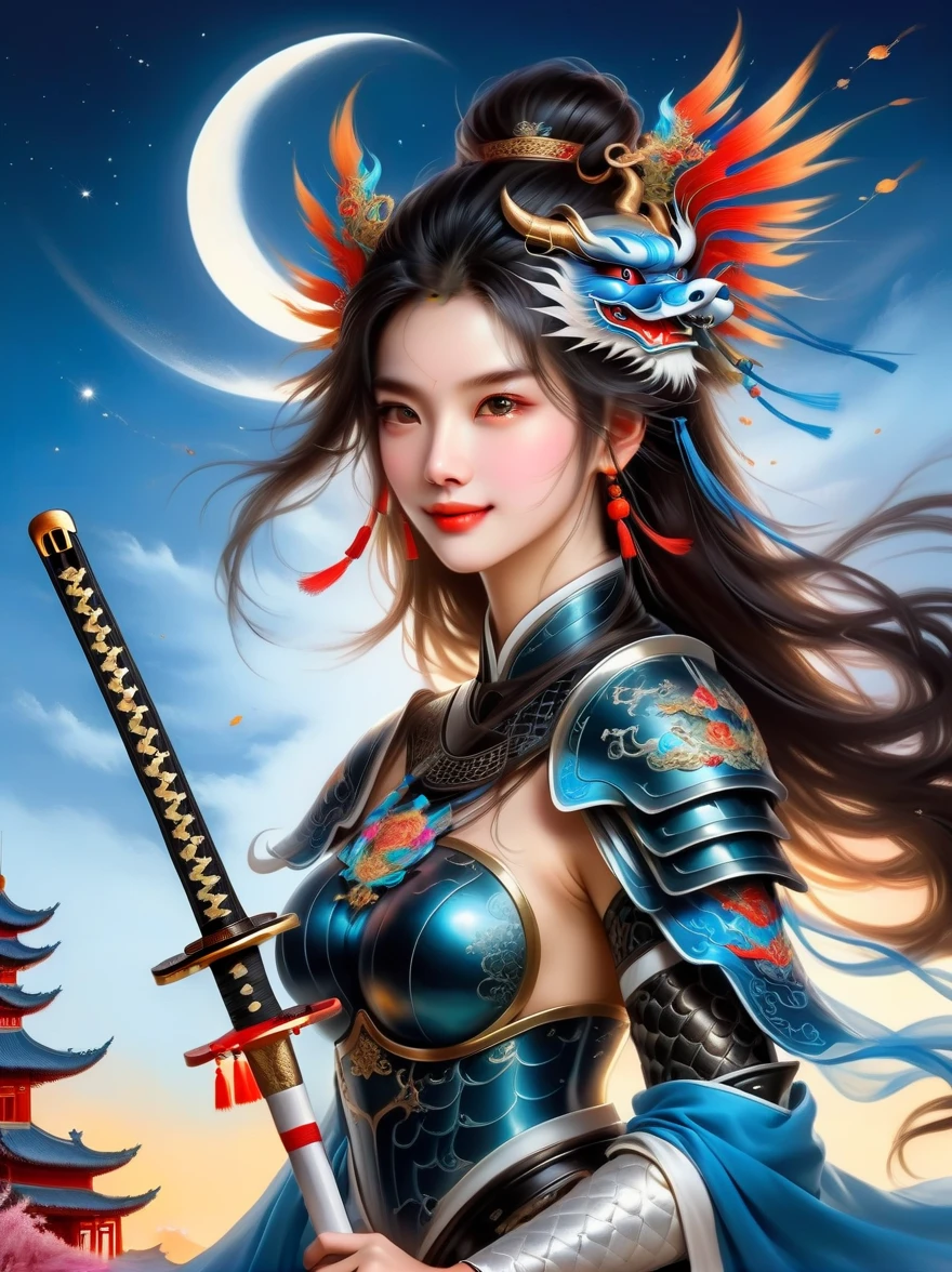 masterpiece,Realistic,Deep color,blue tint,Surrealism, Star光环, In the bright embrace of the moonlight serenade,(Black Chinese armor),gentle beautiful girl,(The girl holds a sword in her hand),Women's Armor,solo,pauldron,helmet,Chinese city background,blue sky,detailed眼睛,looking at the audience,Smile,Upper body,masterpiece,best quality,perfect eyes,perfect face,perfect lighting, 8K,Compared,Tone,texture, detailed, Star, Colorful halo, Vibrant energy, expressive, dramatic, organic lines and forms, dreamy and mysterious, Surrealism,portrait shooting,complex,meticulous,sharp,clear,Better image quality,Rough brushstrokes,high dynamic range,vivid,Rich in details,阴影和高光clear,reality,vehement,Compared度增强,Rich in details