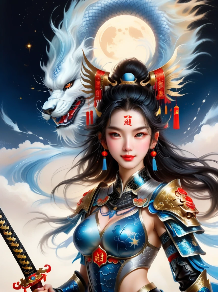 masterpiece,Realistic,Deep color,blue tint,Surrealism, Star光环, In the bright embrace of the moonlight serenade,(Black Chinese armor),gentle beautiful girl,(The girl holds a sword in her hand),Women's Armor,solo,pauldron,helmet,Chinese city background,blue sky,detailed眼睛,looking at the audience,Smile,Upper body,masterpiece,best quality,perfect eyes,perfect face,perfect lighting, 8K,Compared,Tone,texture, detailed, Star, Colorful halo, Vibrant energy, expressive, dramatic, organic lines and forms, dreamy and mysterious, Surrealism,portrait shooting,complex,meticulous,sharp,clear,Better image quality,Rough brushstrokes,high dynamic range,vivid,Rich in details,阴影和高光clear,reality,vehement,Compared度增强,Rich in details