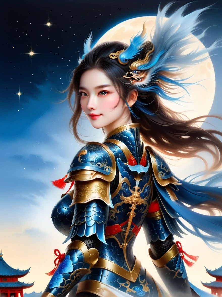 masterpiece，Realistic，Deep color，blue tint，Surrealism, Star光环, In the bright embrace of the moonlight serenade，(Black Chinese armor)，gentle beautiful girl，(The girl holds a sword in her hand)，Women&#39;s Armor，solo，pauldron，helmet，Chinese city background，blue sky，detailed眼睛，looking at the audience，Smile，Upper body，masterpiece，best quality，perfect eyes，perfect face，perfect lighting， 8K，Compared，Tone，texture, detailed, Star, Colorful halo, Vibrant energy, expressive, dramatic, organic lines and forms, dreamy and mysterious, Surrealism，portrait shooting，complex，meticulous，sharp，clear，Better image quality，Rough brushstrokes，high dynamic range，vivid，Rich in details，阴影和高光clear，reality，vehement，Compared度增强，Rich in details
