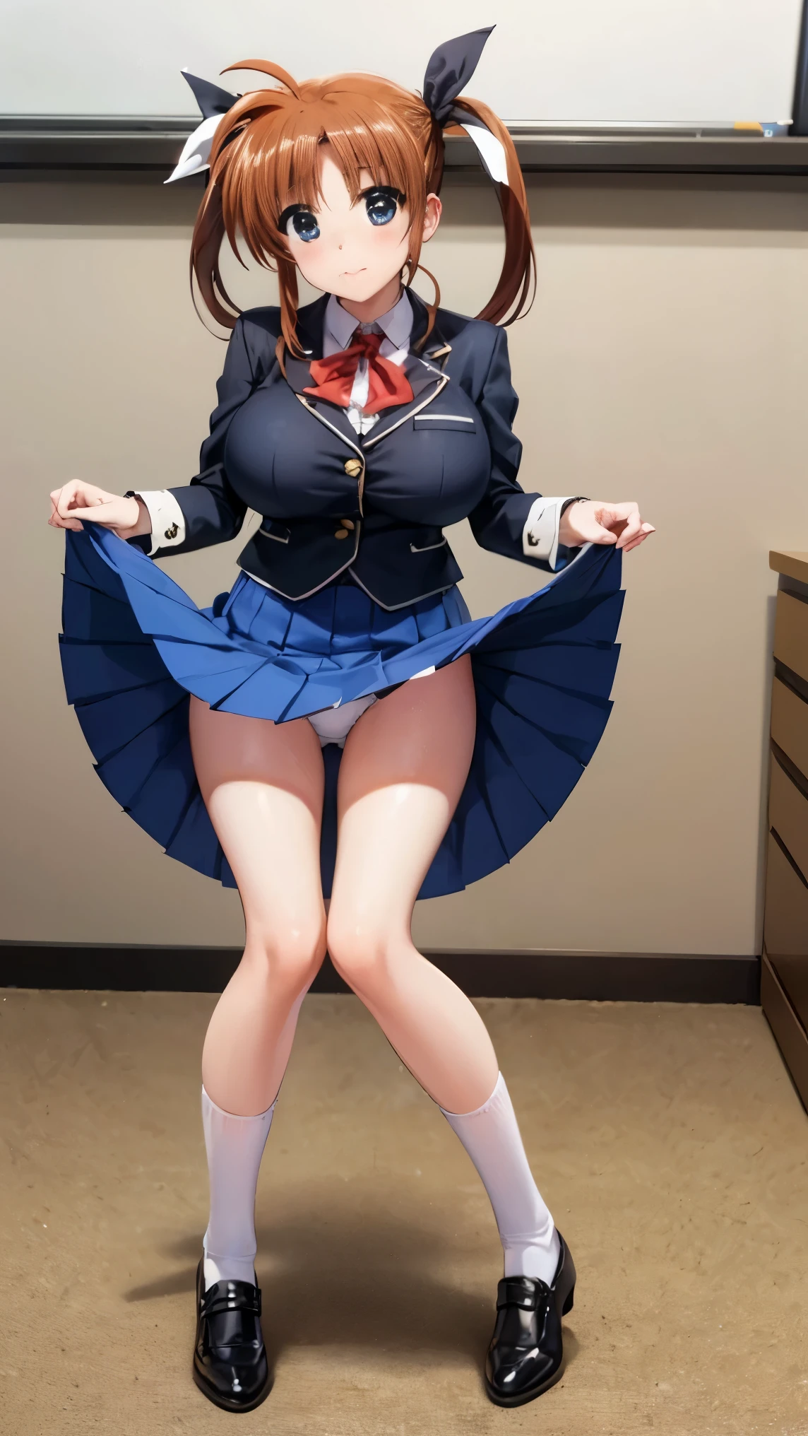 highest quality,best quality,1girl,((big breasts:1.3)),closed mouth,orgasm,blush, sweat,Nanoha Takamachi,takamati nanoha,((long hair,twintail:1.3)),hair ribbon,white shirt,pleated skirt,blue skirt,mini skirt,panty shot,upskirt,lift skirt,white panties,lace panties,classroom,full body