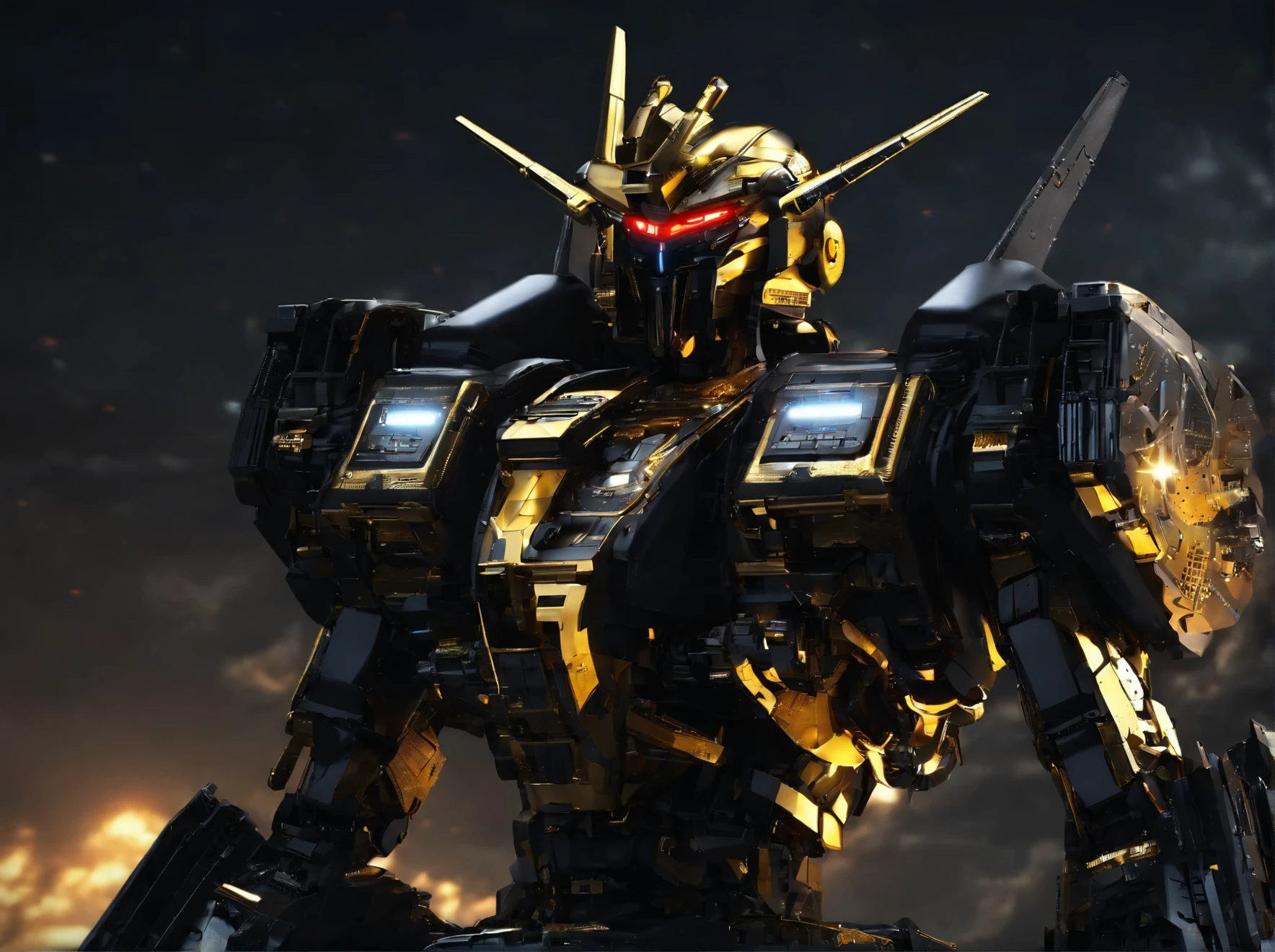 "Crafted in ultra-sharp 4K resolution, this close-up portrait wallpaper features a striking black and gold Gundam robot against a dark sky backdrop, with a hint of space in the background."