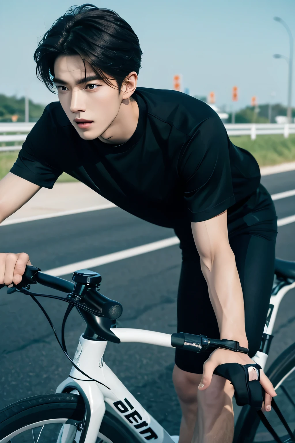 A handsome boy in black sportswear riding a bicycle，full-body shot，Speeding down the highway，Real male，Delicate skin，Looking at the camera，White bicycle，full-body shot，20-year-old Korean male，Lee Jong-suk，Speeding down the highway，Wearing black sportswear，Real male，Delicate skin