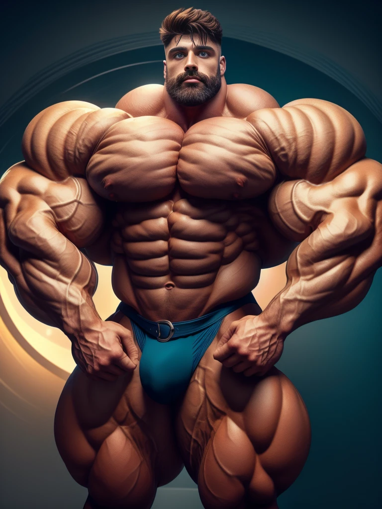 filmposter，wide angles，full body,  A Handsome charming European male star。aged 30，Sexy beard，blue colored eyes，The body of a bodybuilder，Muscular very developed，huge muscular body，muscular attractive man，giant muscle men，brutalmass，small heads，Handsome，Short brown hair，Dark brown tight velvet suit，minimalistic background，Clean composition，intense detail，pastel colour，Hasselblad - original style(8k，tmasterpiece，Best quality，A high resolution，ultra - detailed)，natta，starrysky，extreme light，themoon，looking at viewer，Front view，