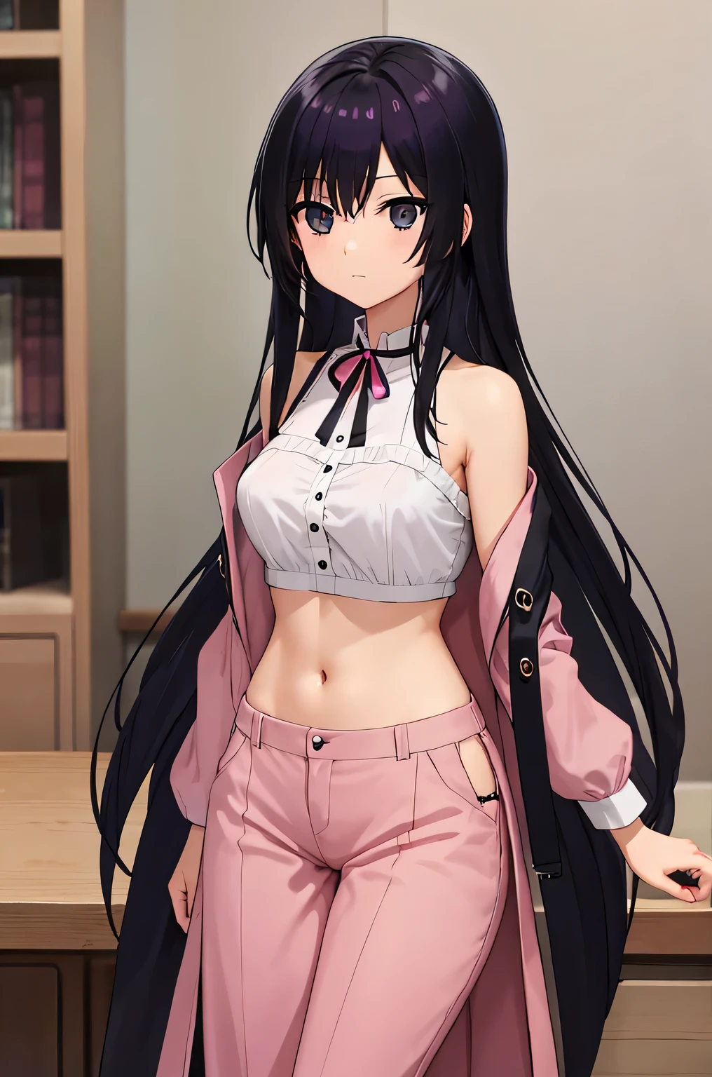 black hair,black eyes, long hair,medium breast,narrow waist,pink bra,pink pants,standing straight,in the room
