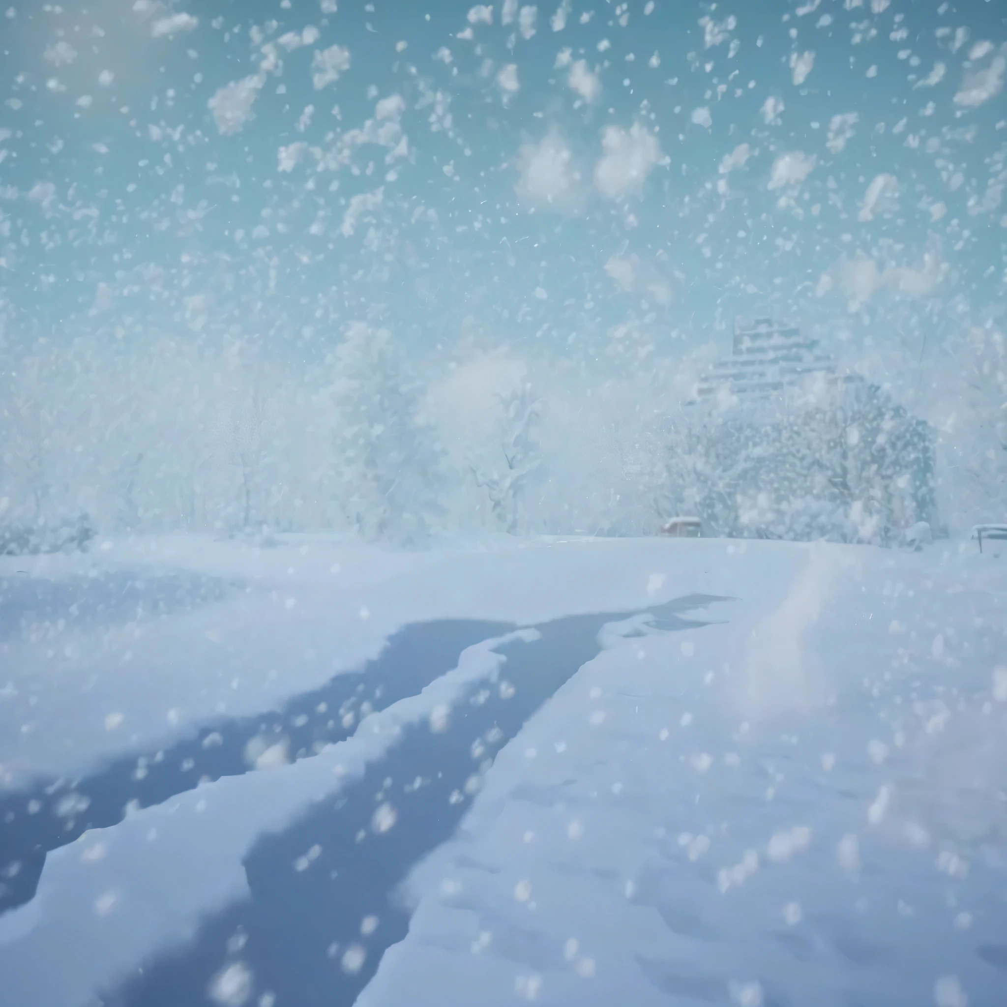 snow scene,A snow-covered road and a building in the distance, lens flare snowstorm, snowy environment, Unreal Engine 5, Unreal Engine5, Rendering in Unreal Engine, snowfield, snowstorm, snowstorm, Snowy background, heavy snow, snowfall, Unreal Engine4, Unreal Engine cinematic smooth, beat. Unreal Engine, game screen, Unreal Engine screenshot