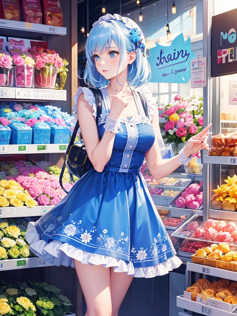 A woman,Mature,cute,pretty,white,blue,Colorful,candy,flower,shop