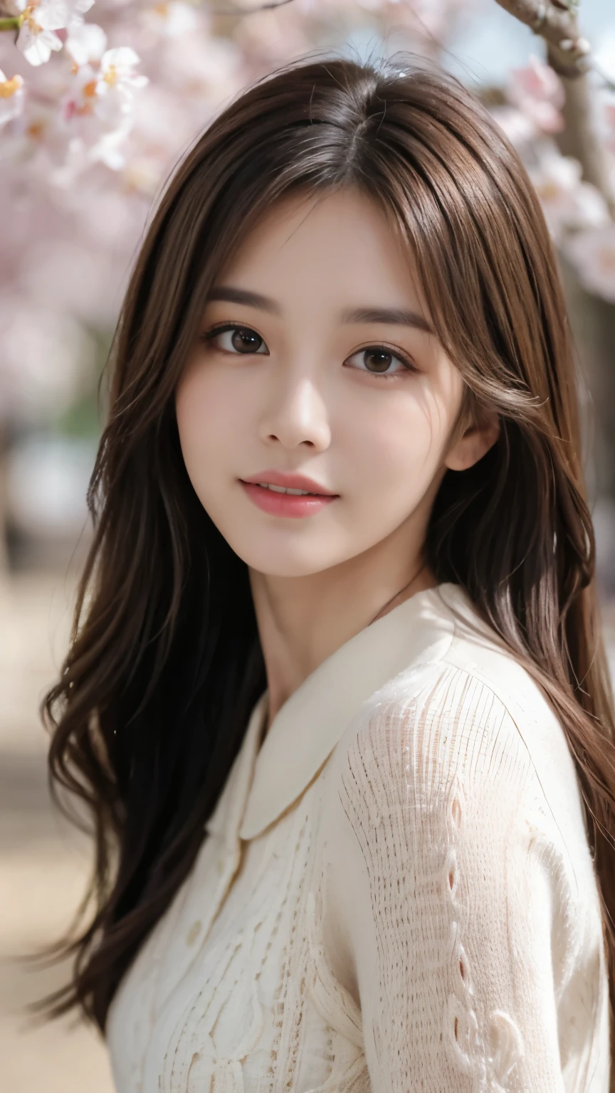 masterpiece, highest quality, realistic, Super detailed, finely, High resolution, 8k wallpaper, 1 beautiful woman, light brown messy hair, sharp focus, perfect dynamic composition, detailed and beautiful eyes, fine hair, Detailed and realistic skin texture, smile, portrait, model body shape, Take a walk through the cherry blossom park,