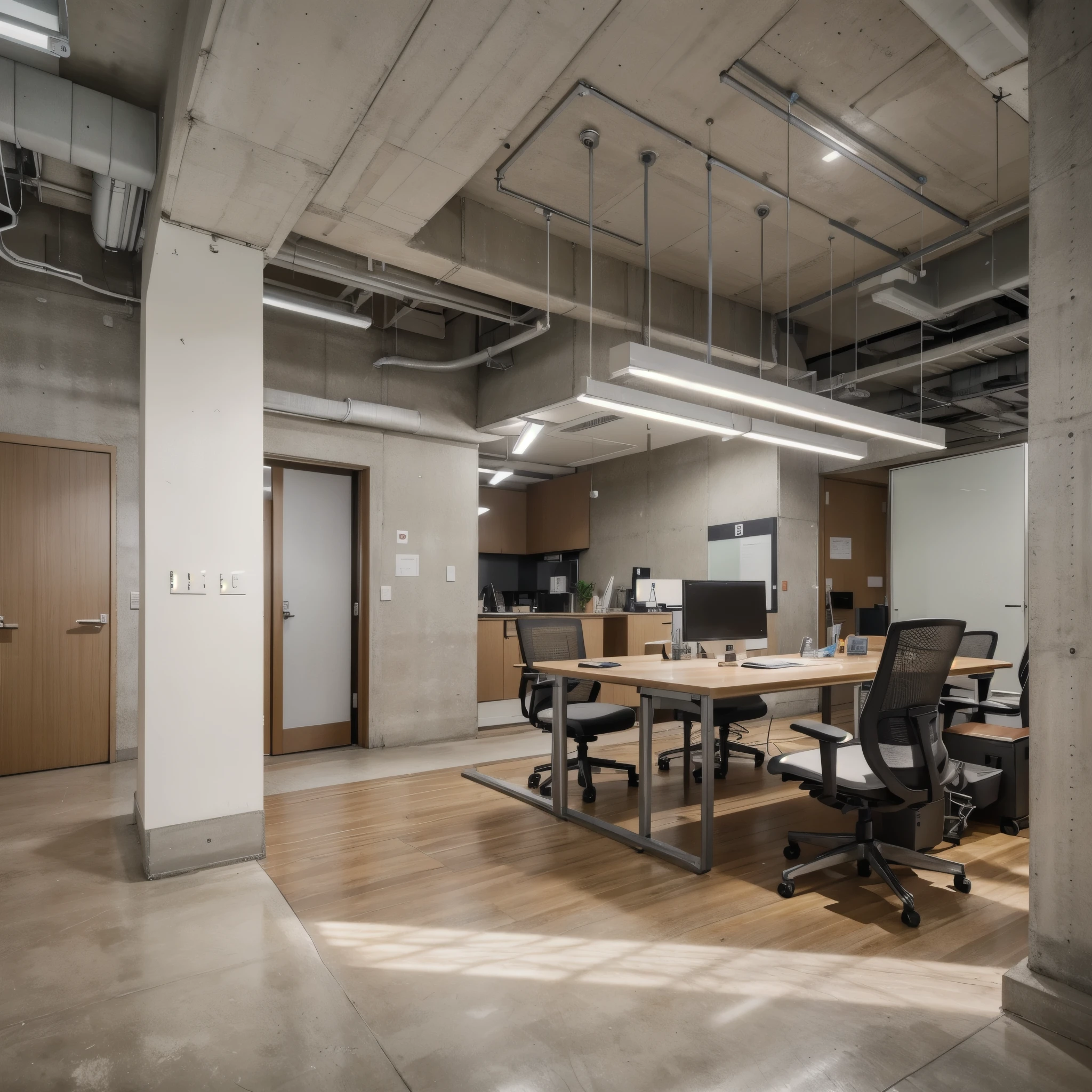 There is a large open space，There was a table and chairs, In an open workspace, office, office内部, modern office, Behind the scenes office space, 立方体会议室office, industrial space, Concrete high-tech interior, photorealistic rendering, CG rendering, office室内, Rendering in Enscape, office天花板, Professional rendering