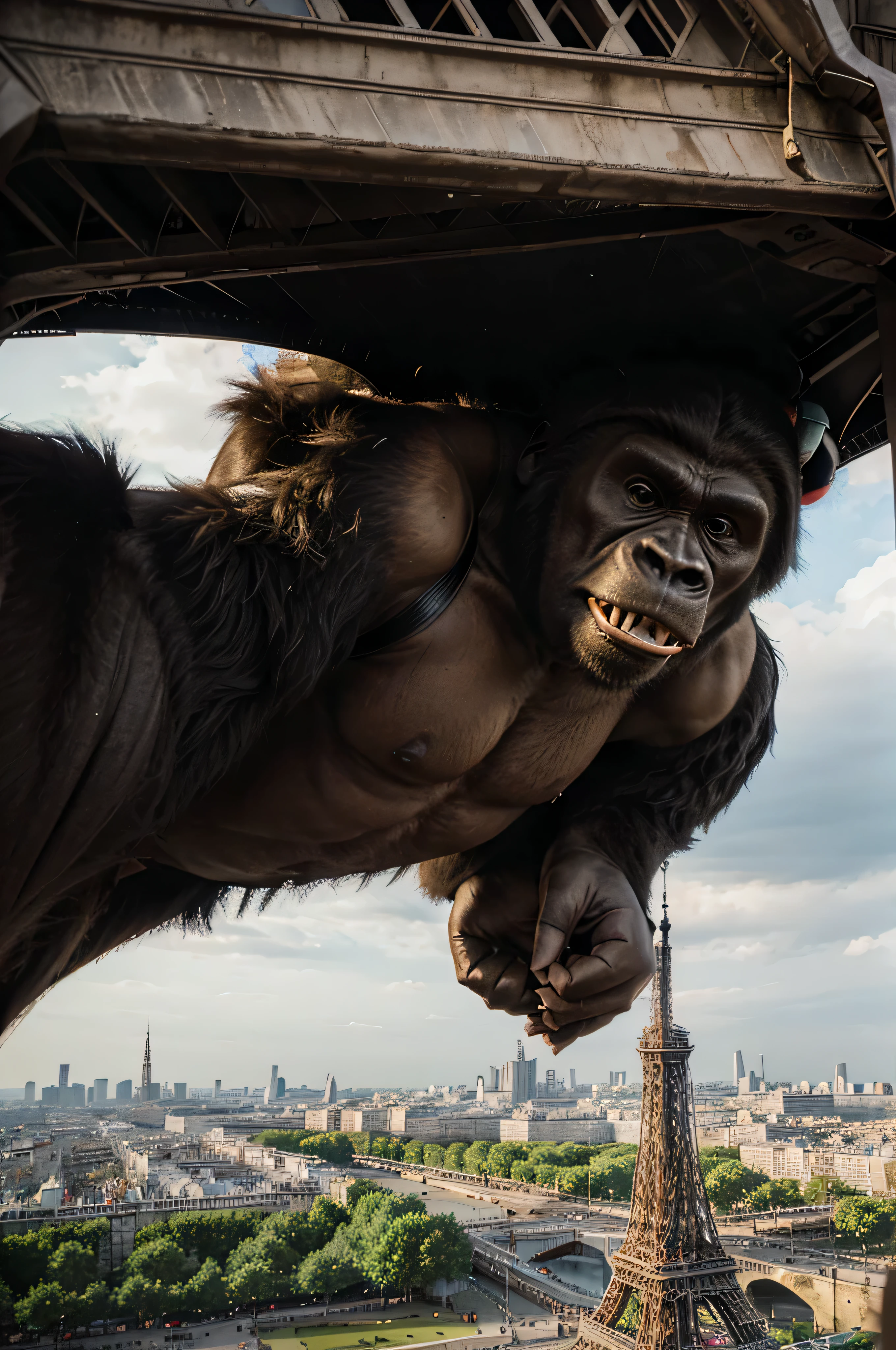 King Kong suspendu à la tour Eiffel tenant des ballons