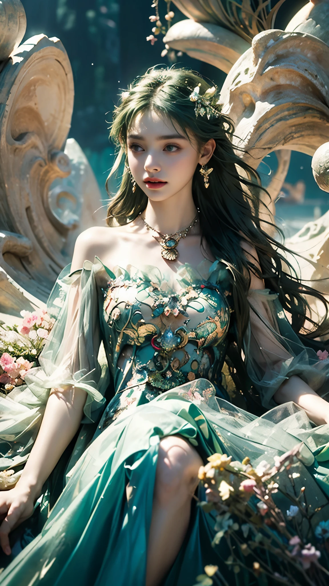 8K, ultra hd, masterpiece, 1 girl, (good face:1.4), detailed eyes, very long hair, impressive hairstyle, earings, necklace, small breasts, (green dress:1.5), see-through, (fantasy dress:1.5) Light-colored foundation brings out the transparency of the skin, (in the wonderland:1.5), mystery, diwali lights, glowing lights, very decoration, The lights falls like water, perfect body, sitting,
