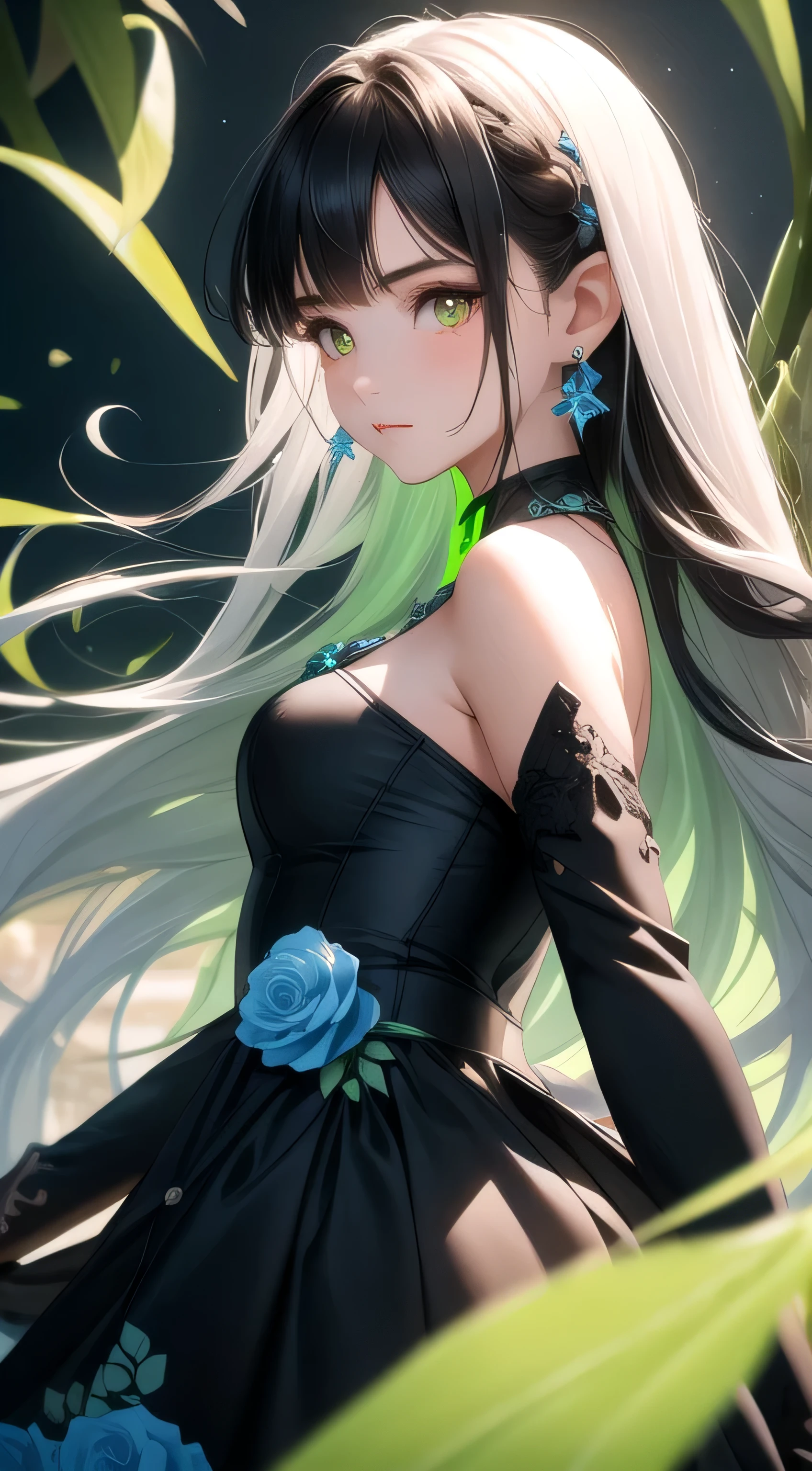 A beautiful girl with off-white long hair, white luminous eyes, green luminous earrings, and a black floral dress with blue and green patterns, masterpiece, studio light, professional, highres, best quality, HDR, shot from the side Light,