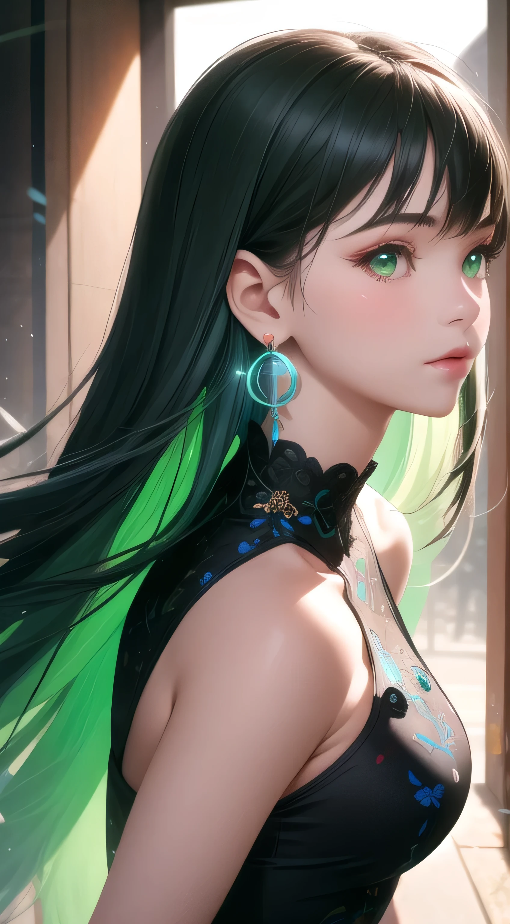 A beautiful girl with off-white long hair, white luminous eyes, green luminous earrings, and a black floral dress with blue and green patterns, masterpiece, studio light, professional, highres, best quality, HDR, shot from the side Light,