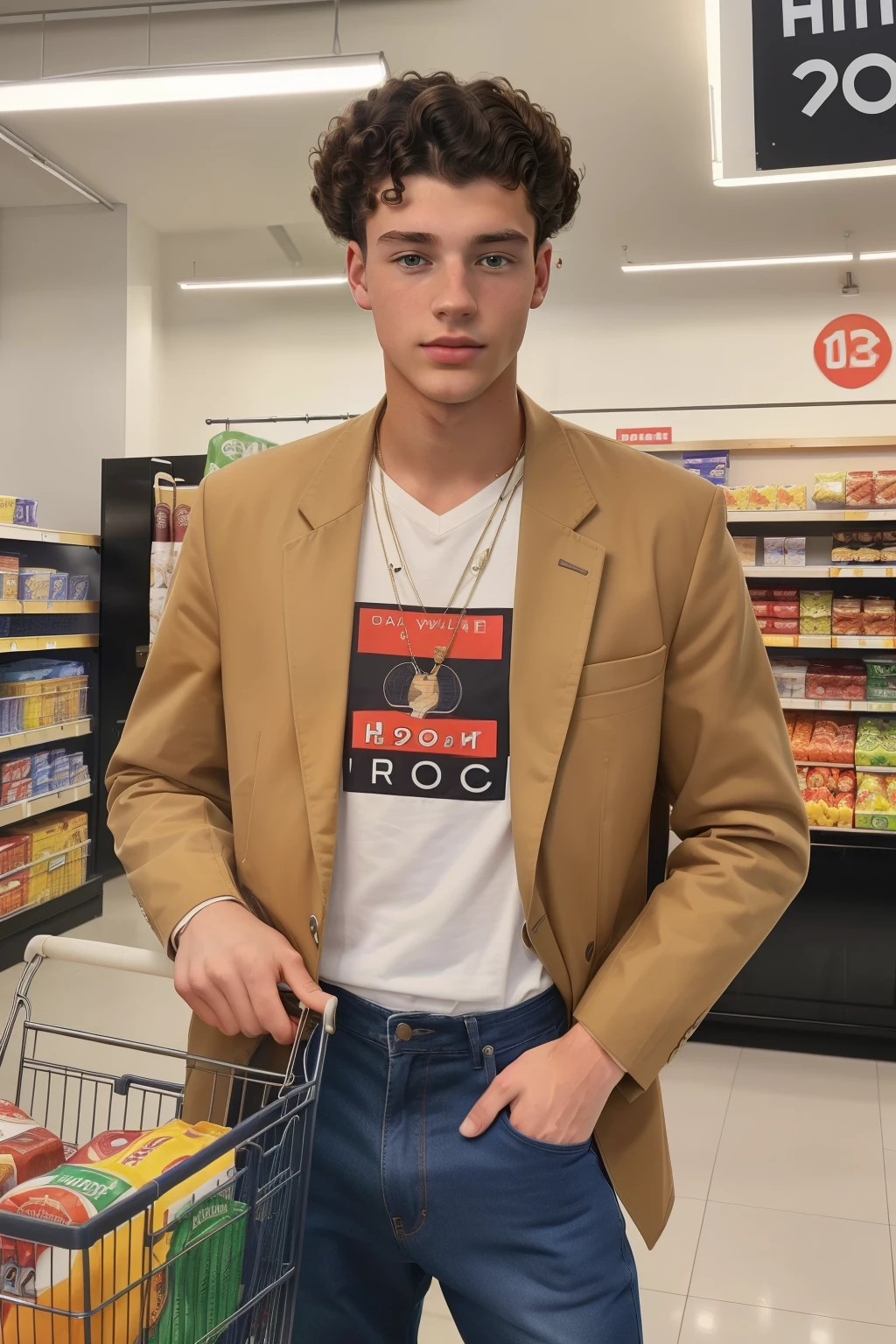 Milnrow, 2023. A young ((((19-year-old)) Liam Harper)), tall, handsome, sharp features, piercing eyes, influencer, in the supermarket, holding a basket full of groceries, ((((casual clothings from the 2020s)))), ((curly hairstyle of the 2020s))