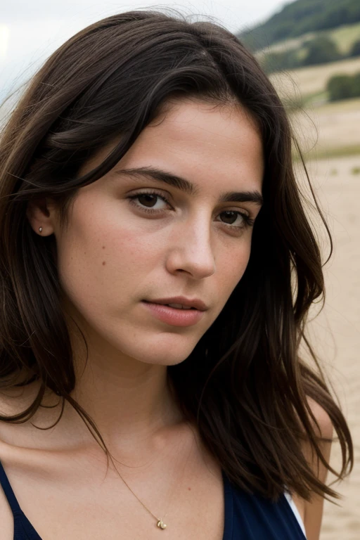 photographie d'une femme, (Expression du visage), textured skin, longs cheveux bruns, chemise avec un jean, Selfie, sexy, se maquiller, Paysage de Lisbonne, yeux marrons parfaits, Prend en charge 160 couleurs, shot on ARRI ALEXA 65, mise au point nette sur le sujet, filmé par Don McCullin, Realistic, salle de sport