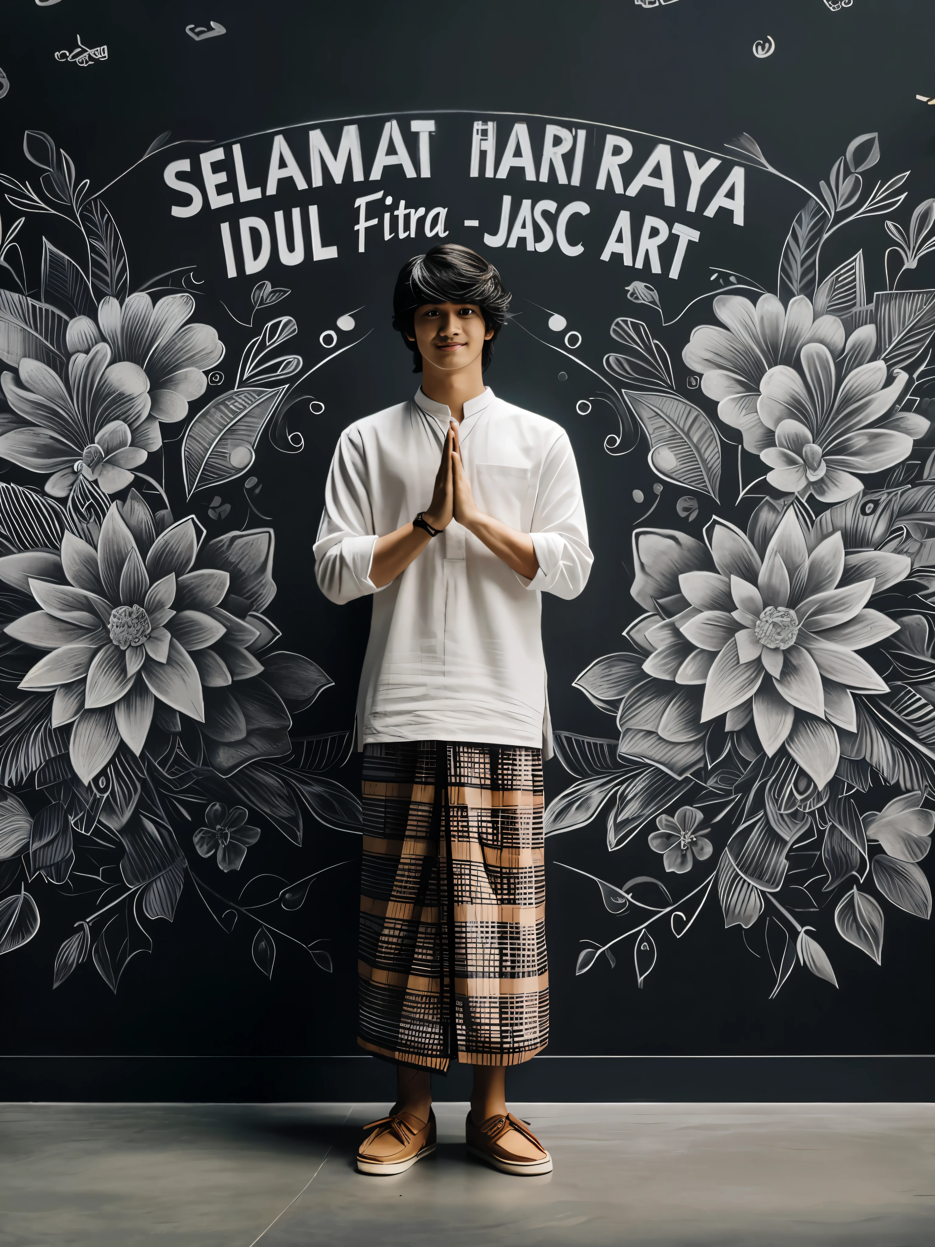 there is a man standing in front of a blackboard with flowers, inspired by I Ketut Soki, style of ade santora, inspired by Rudy Siswanto, inspired by Jacob Pynas, inspired by Sasha Putrya, by I Ketut Soki, traditional art, portrait full body, mid shot portrait, inspired by Ismail Acar