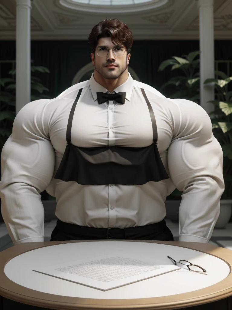 masterpiece, ONYX11, A 28-year-old mature male with huge muscles, Look at viewer, Line of sight focusing, Stand, Wearing a white short-sleeved shirt, Black tie, Breast flower, Brown hair, Indoor, Outside the window is the garden, Rimless glasses, textured skin, strong body, brutalmass, massive body, giant, bulk, wide pecs, large size, super detail, best quality, 8k