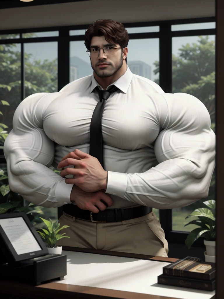 masterpiece, ONYX11, A 28-year-old mature male with huge muscles, Look at viewer, Line of sight focusing, Stand, Wearing a white short-sleeved shirt, Black tie, Breast flower, Brown hair, Indoor, Outside the window is the garden, Rimless glasses, textured skin, strong body, brutalmass, massive body, giant, bulk, wide pecs, large size, super detail, best quality, 8k