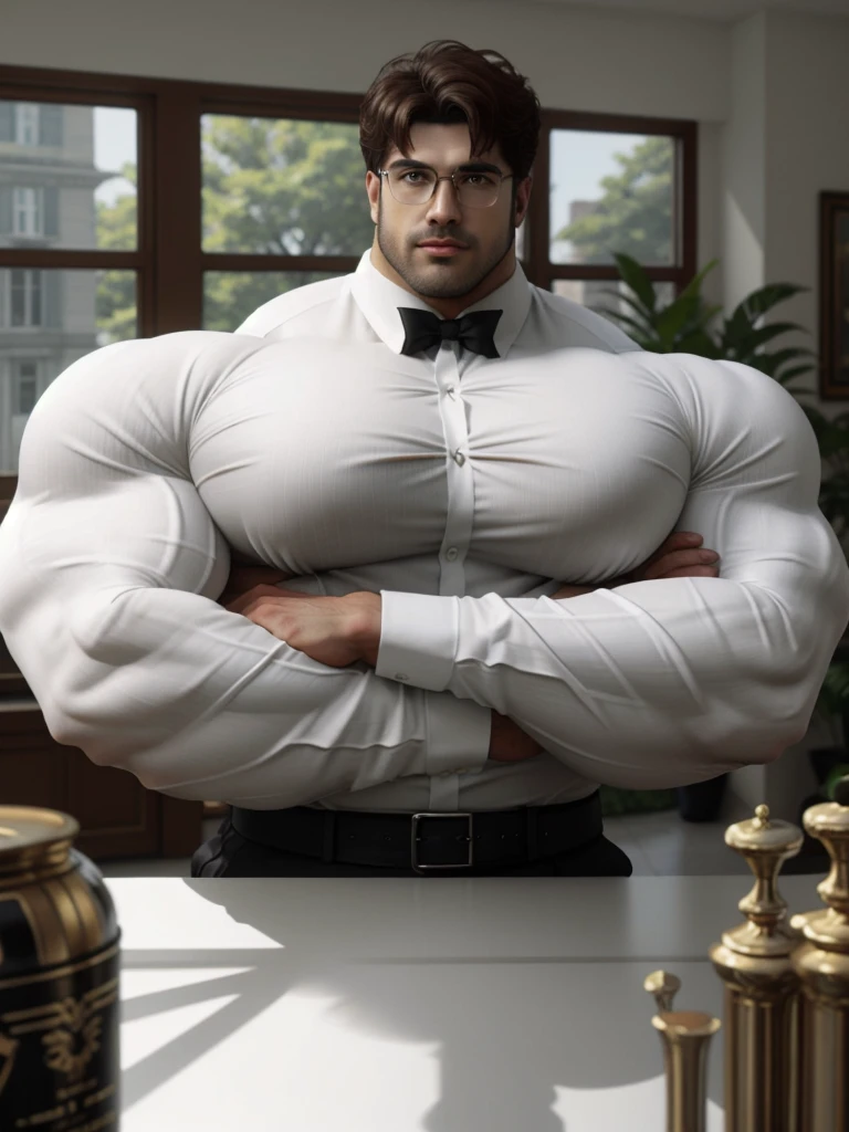 masterpiece, ONYX11, A 28-year-old mature male with huge muscles, Look at viewer, Line of sight focusing, Stand, Wearing a white short-sleeved shirt, Black tie, Breast flower, Brown hair, Indoor, Outside the window is the garden, Rimless glasses, textured skin, strong body, brutalmass, massive body, giant, bulk, wide pecs, large size, super detail, best quality, 8k