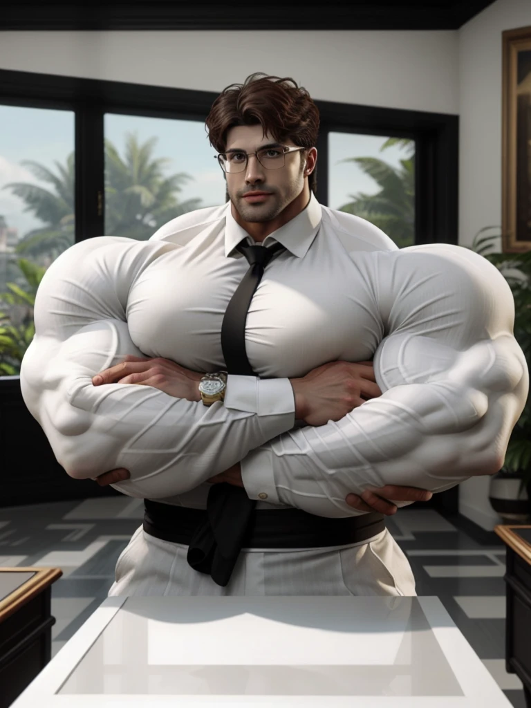 masterpiece, ONYX11, A 28-year-old mature male with huge muscles, Look at viewer, Line of sight focusing, Stand, Wearing a white short-sleeved shirt, Black tie, Breast flower, Brown hair, Indoor, Outside the window is the garden, Rimless glasses, textured skin, strong body, brutalmass, massive body, giant, bulk, wide pecs, large size, super detail, best quality, 8k