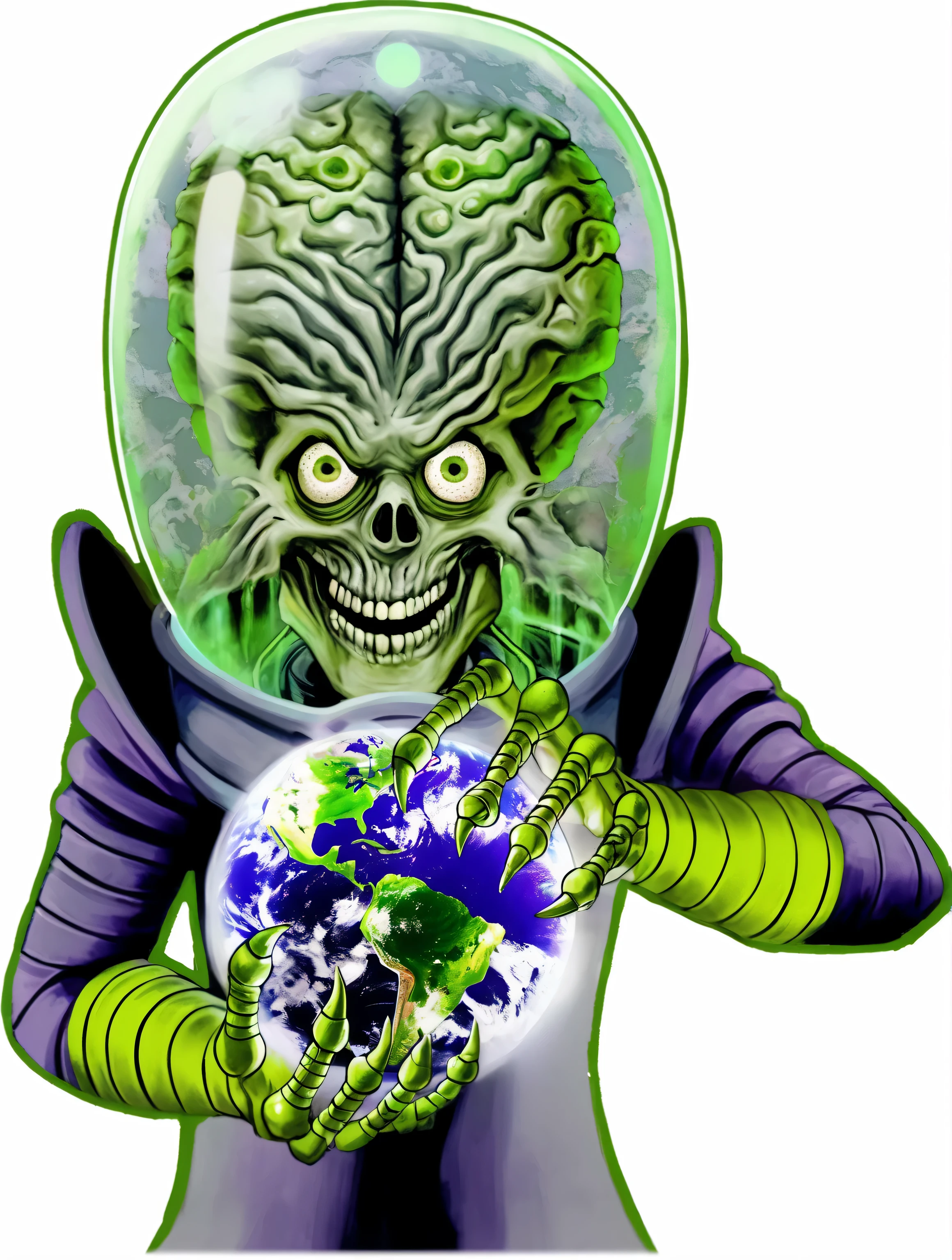 Close-up of a cartoon alien，He holds a globe in his hand, mars attack, alien astronaut, Cosmic horror illustration, Full color digital illustration, space alien, when mars attack, alien design, Alien musicians lost in space, space horror, Portrait of an astronaut skeleton, reptilian space alien, Psychedelic Cosmic Horror, cosmic horror style