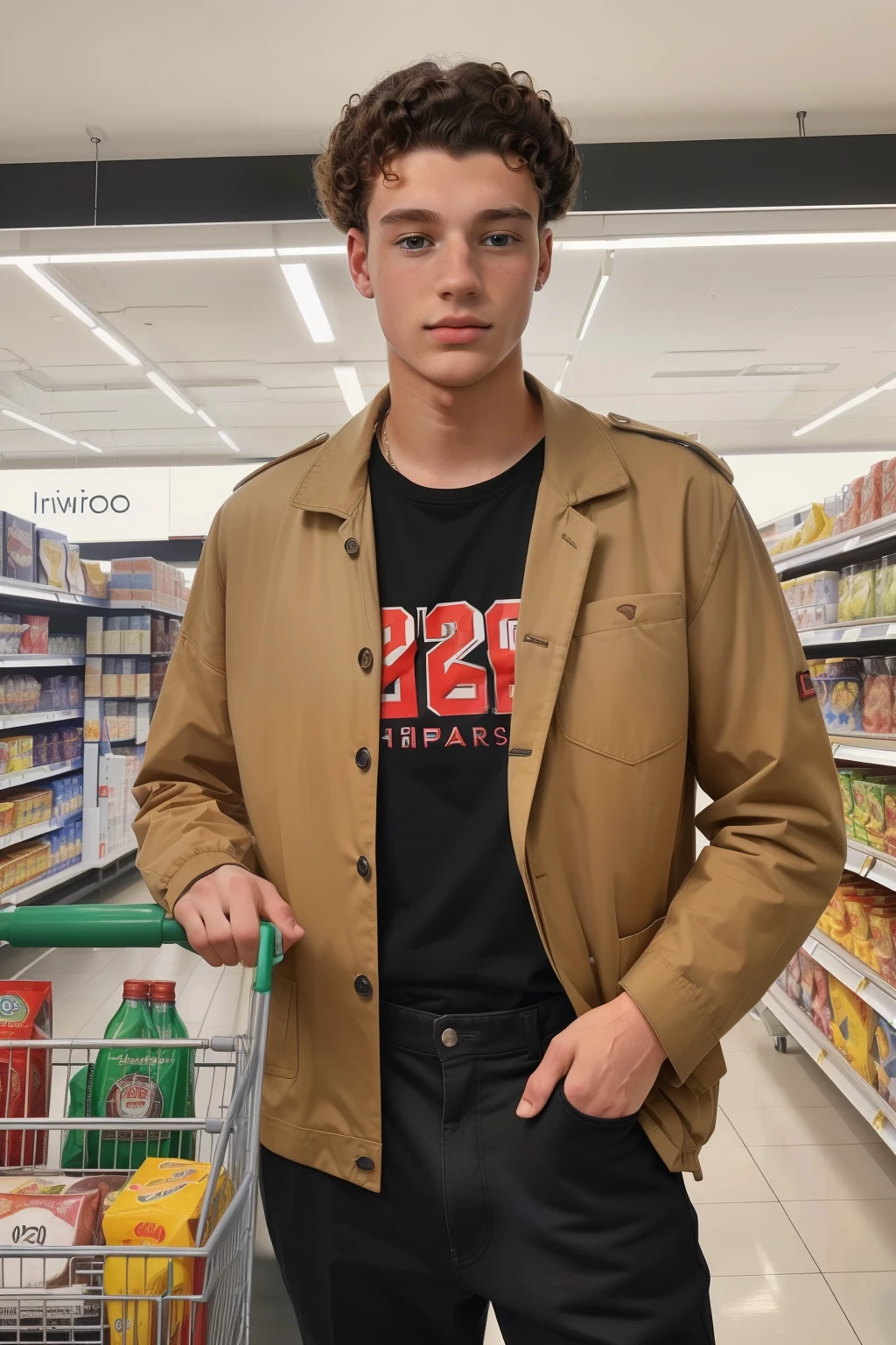 Milnrow, 2023. A young ((((19-year-old)) Liam Harper)), tall, handsome, sharp features, piercing eyes, influencer, in the supermarket, holding a basket full of groceries, ((((casual clothings from the 2020s)))), ((curly hairstyle of the 2020s))