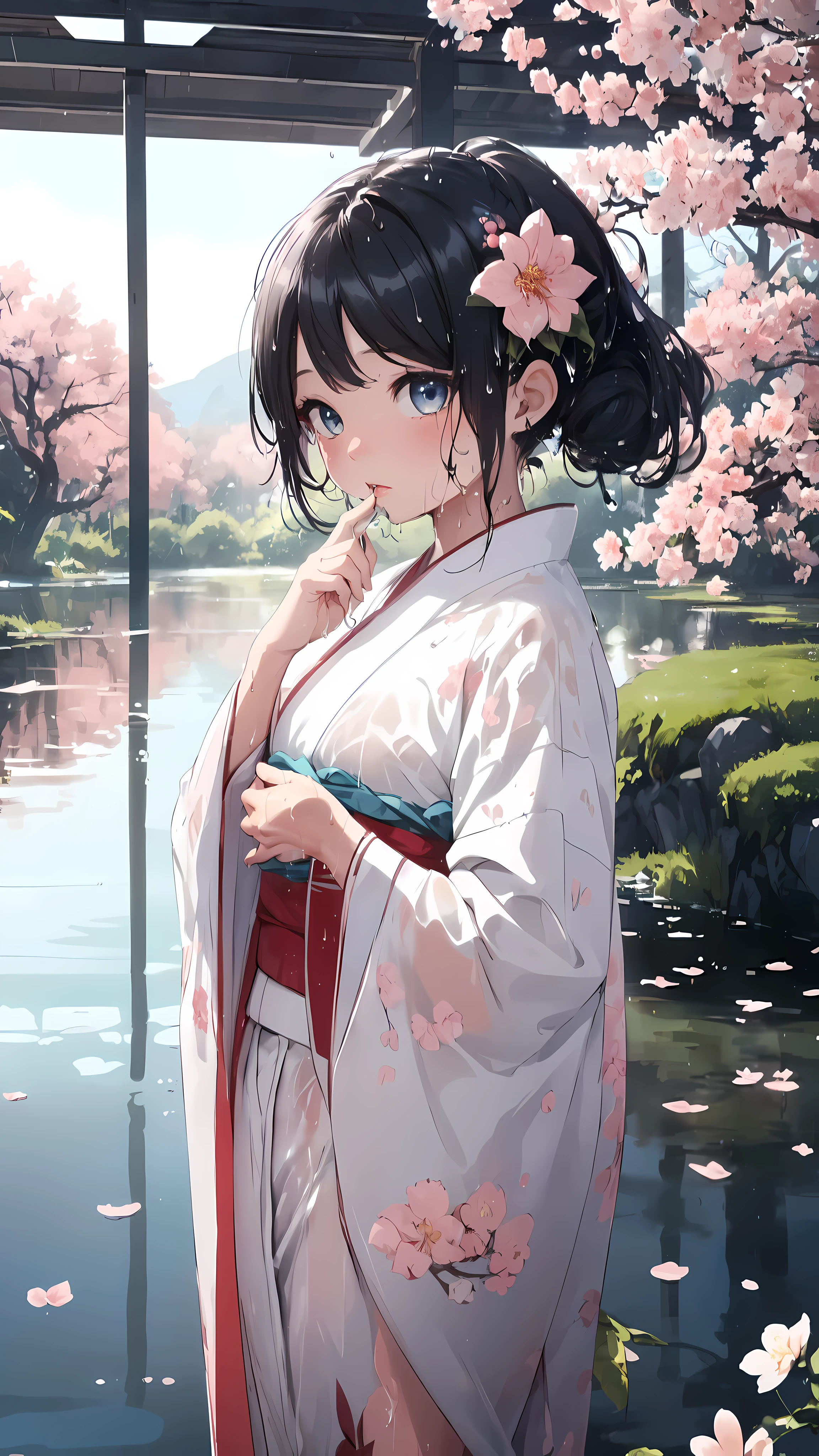 (best quality,highres,ultra-detailed,Pixiv:1.37),1 girl, full body, ( girl:1.2), beautiful detailed eyes,beautiful detailed lips, girl wearing beauty large kimono, (wet, wet body, wet hair, wet skin, very wet kimono, reflection on the wet kimono, delicate cherry blossom embroidery, subtle water droplets:1.1), (Cloth kimono, best kimono wrinkle, Transparent mucus wrapping), Voluminous hair, soft lighting, (portraits), vivid colors, calm expression, look at viewer, peaceful scenery, clean and fresh feeling