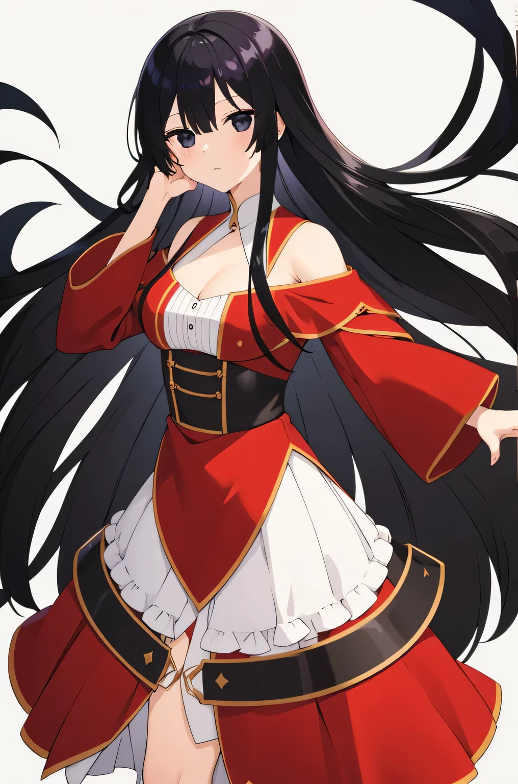black hair,black eyes,plain white background,red dress