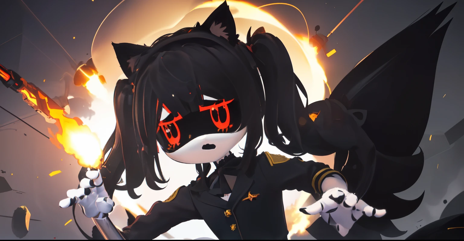 (8k hd, obra maestra, Mejor calidad, alta calidad, ),((long hair slightly wavy slightly past the shoulders, black bangs, small black pigtails on the sides, cute cat ears, beautiful thin red eyes,)), parte superior del cuerpo, hands behind the back, dron asesino, J, androide, ojos rojos, doll joints, ojos brillantes, uniforme militar, de pie looking at the viewer with a sad, de pie, sad, encorvado, ojos huecos, ((bunker, explosion style, something behind her is exploding, wielding an m1 flamethrower ))