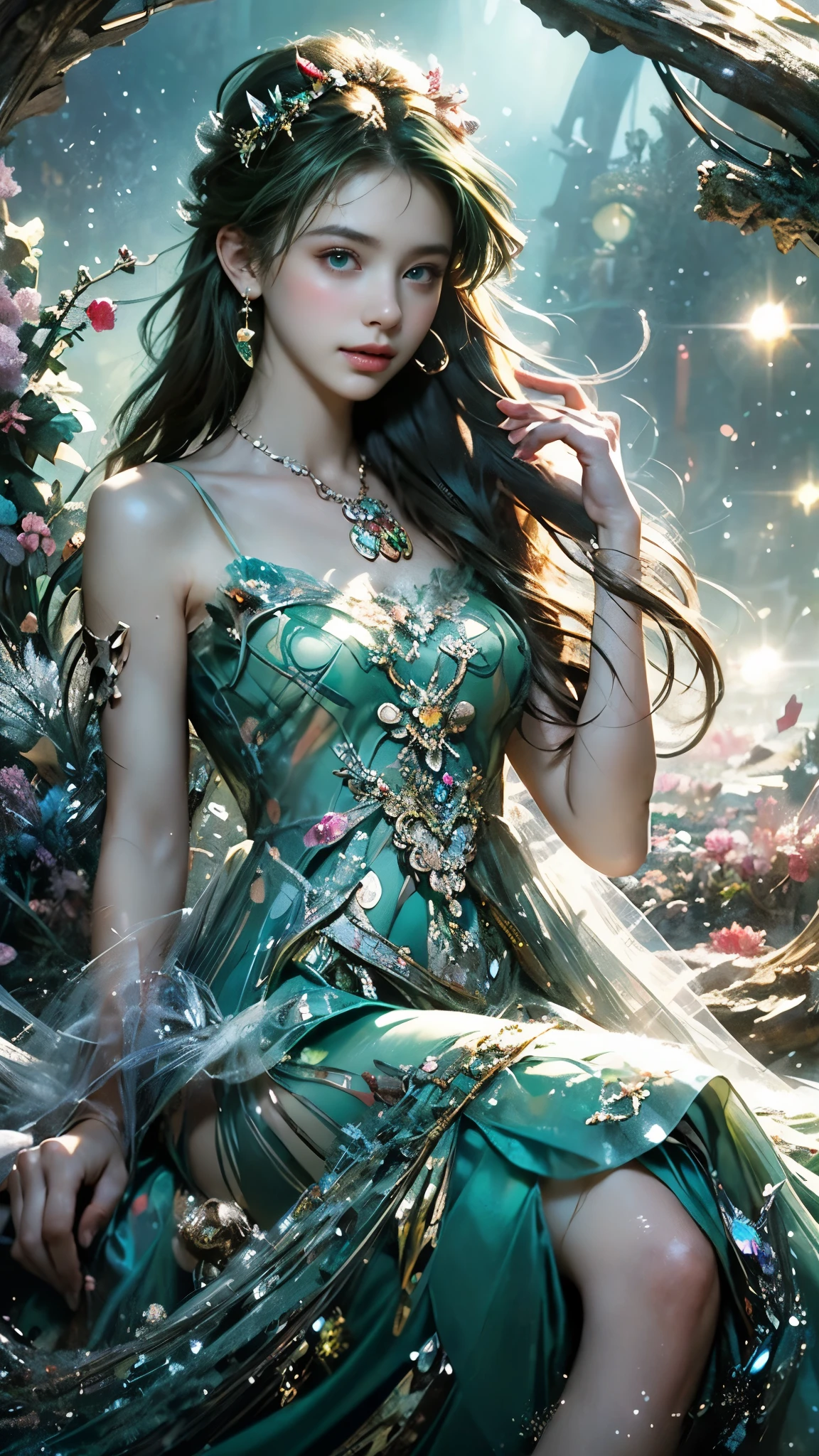 8K, ultra hd, masterpiece, 1 girl, (good face:1.4), detailed eyes, very long hair, impressive hairstyle, earings, necklace, small breasts, (green dress:1.5), see-through, (fantasy dress:1.5) Light-colored foundation brings out the transparency of the skin, (in the wonderland:1.5), mystery, diwali lights, glowing lights, very decoration, The lights falls like water, perfect body, sitting,