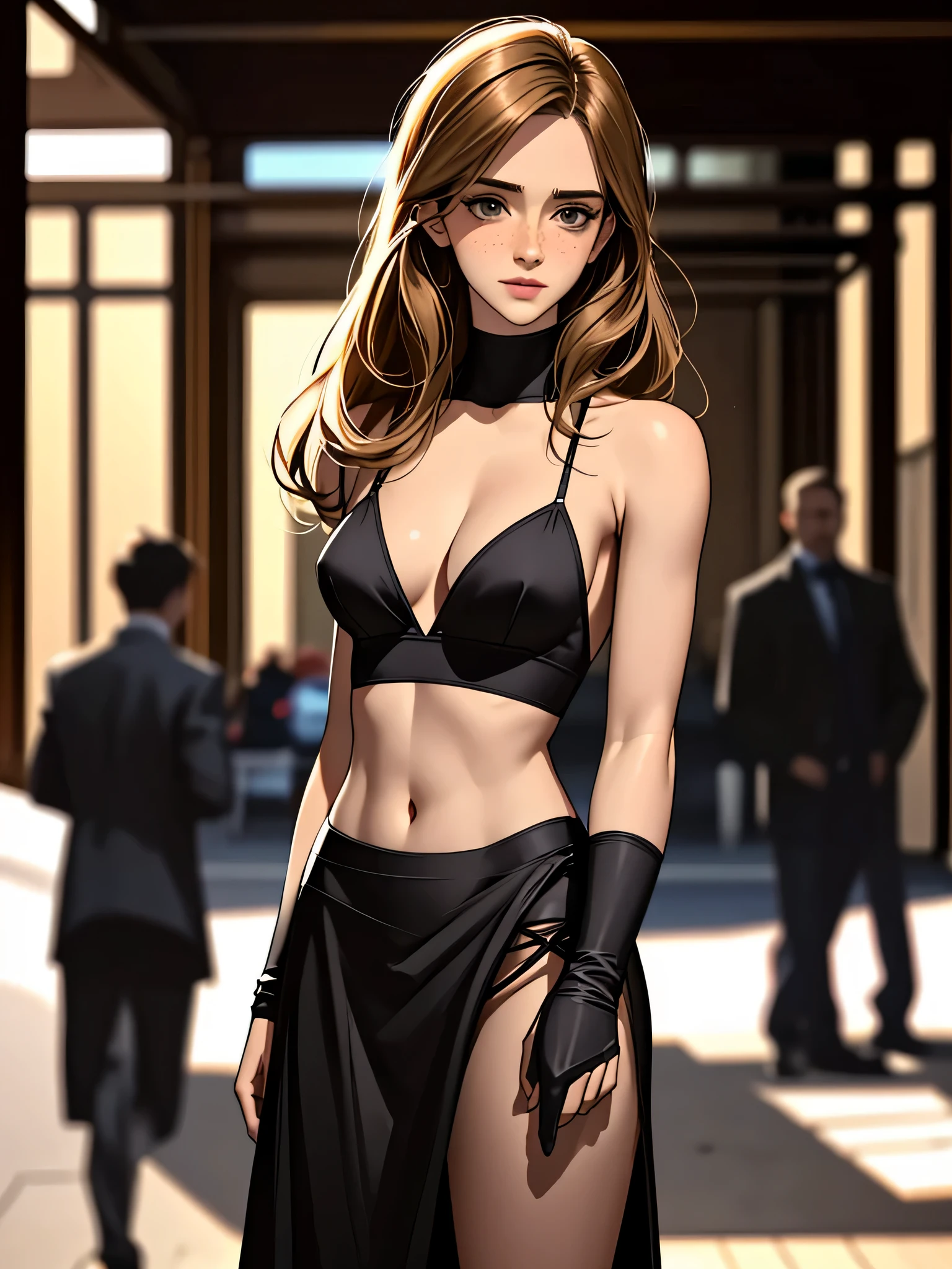 1 girl (Masterpiece, best quality, photorealistic, highres, photography:1.3), close-up portrait, sharp focus, 1 brunette girls, European fashion models, flawless skin, slim feminine appearance, flat abdomen, slender abs, cleavage, messy long hair, detailed hair strands, delicate sexy face, allure look, ((group of men, 1 girl surrounded by men, gangbang, group sex, blackedscene, sex, big dicks)), outdoor fashion photoshoot, standing pose, ((realistic, ultra realistic, realism, realistic detail)), freckles, blush, brown hair with blonde streaks