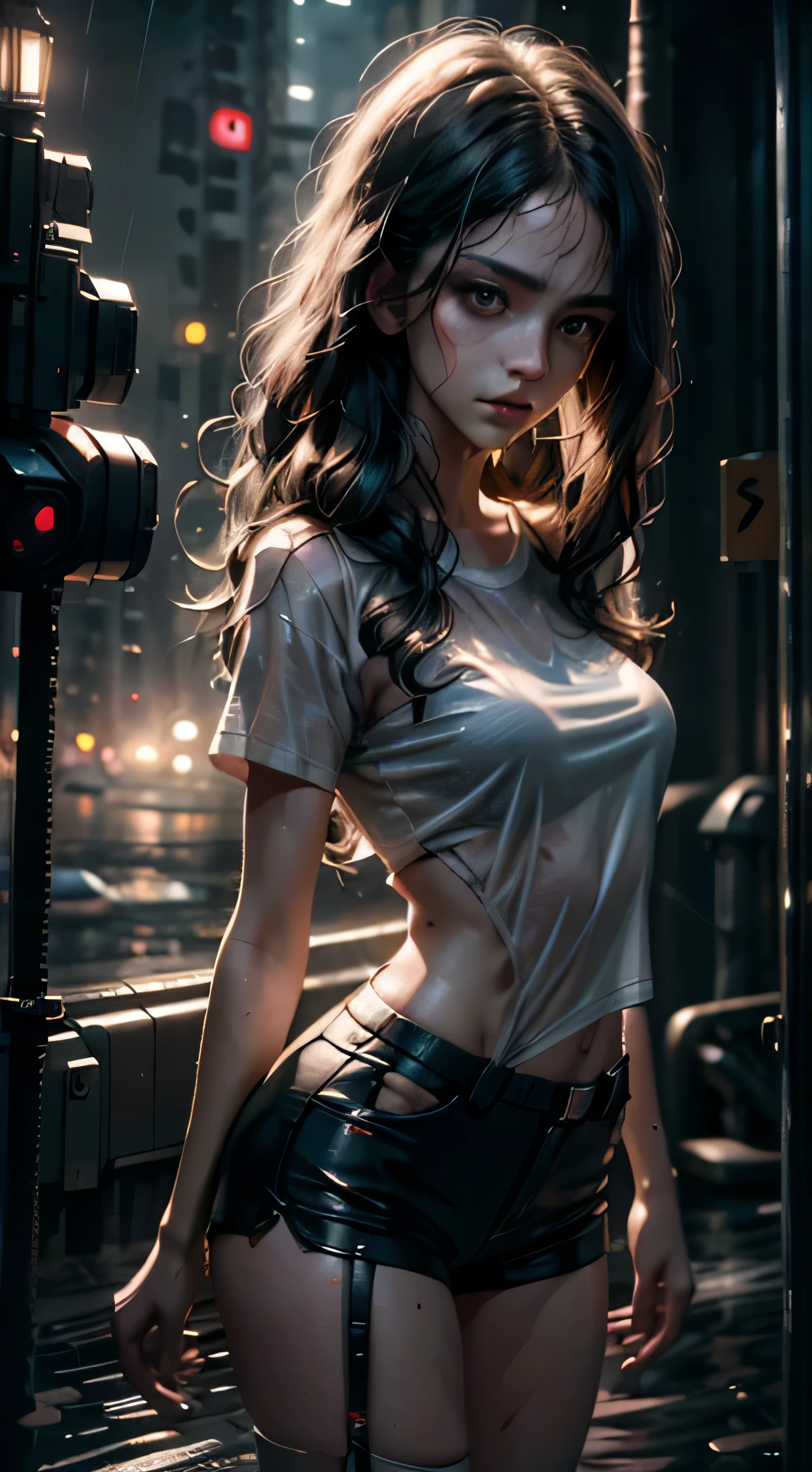 Beautiful woman with wavy hair, delicate and charming eyes, thigh notch, sexy long legs, t-shirt in small shorts, beautiful futuristic cyberpunk + city, mist, damp, rain, best quality masterpiece, realistic, detailed, 8k, HDR, shallow depth of field, wide light, high contrast, backlight, flood, flash, chromatic aberration, sharp focus, RAW color photo