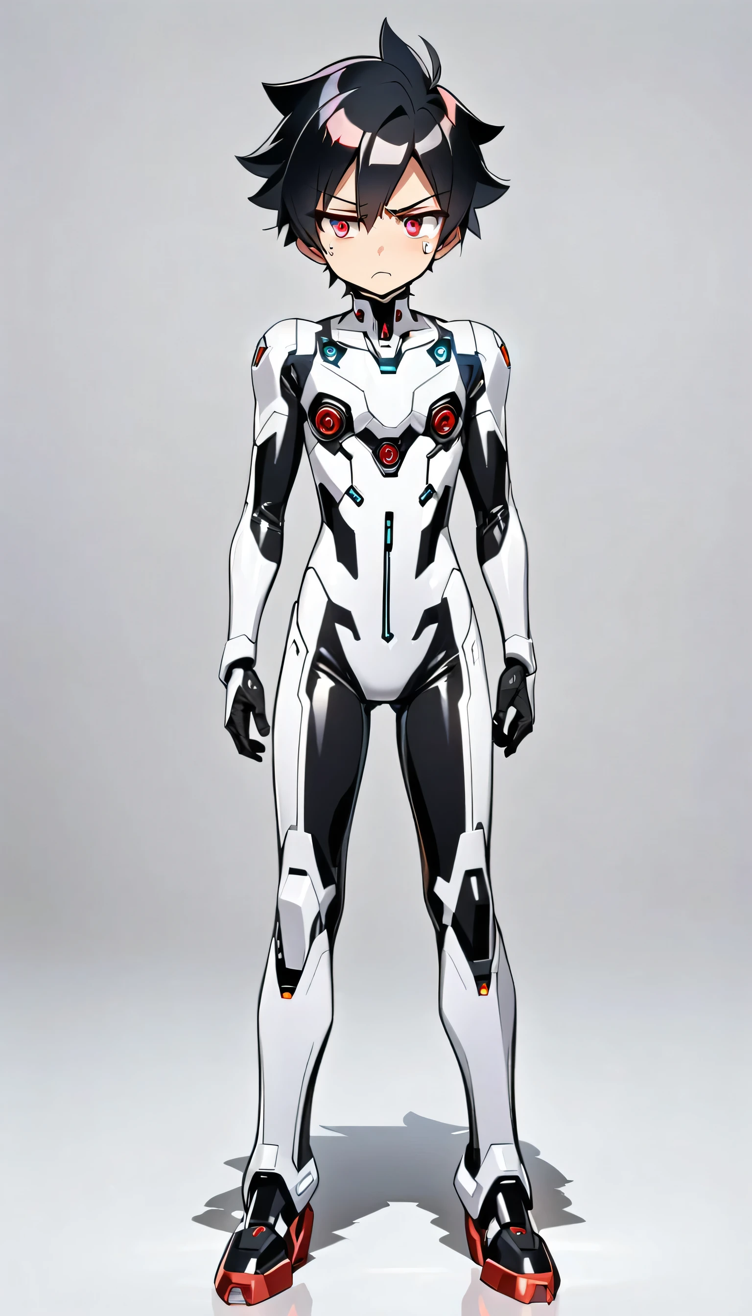 full body image, anime android robot boy, 1boy, shiny, skintight ((black and white)) sci-fi bodysuit, short black hair, red eyes, neutral frowning expression, plain white background
