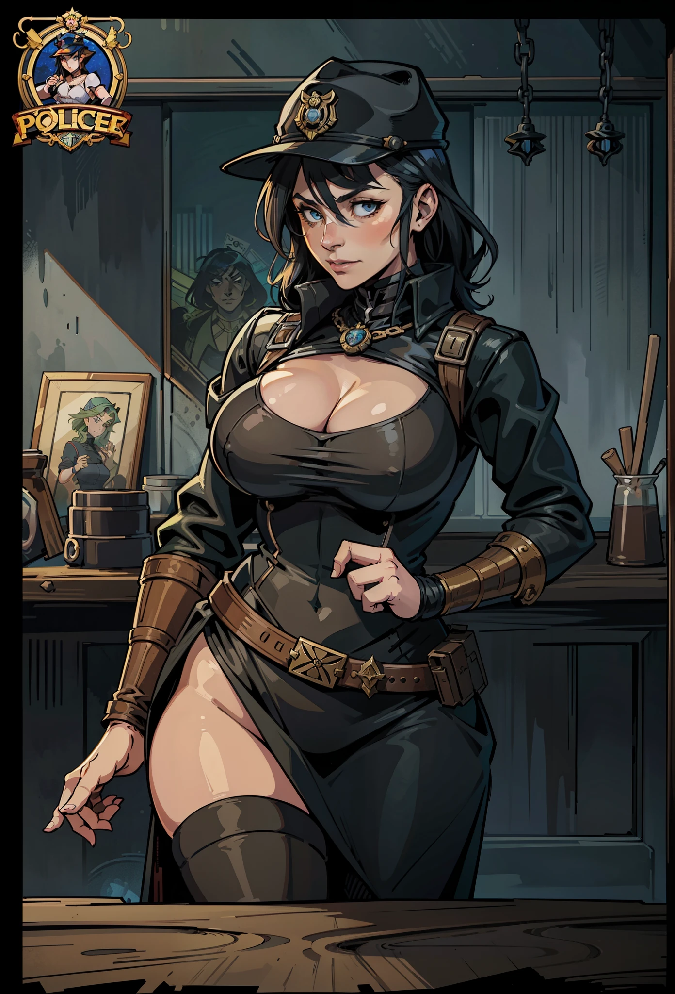 police officer girl, 
wering police hat, 
post apocalypse settings, 
2D dark comic illustration, 
anime fantasy, 
fine-inking, 
Thick black-outlines, 
cel-shaded, 
contour, 
mysterious, 
by alphonse mucha, 
artgerm, 
Town of Salem 2, 
darkest dungeon, 
iratus:lord of the dead