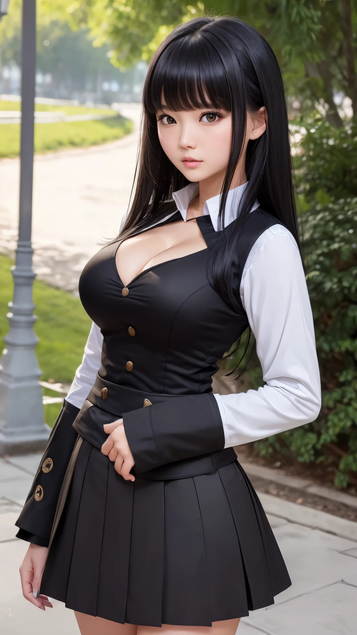 ((highest quality)), ((8k), (detailed face), (highlight), girl、cleavage、bangs、black hair、skirt、combat uniform、white、