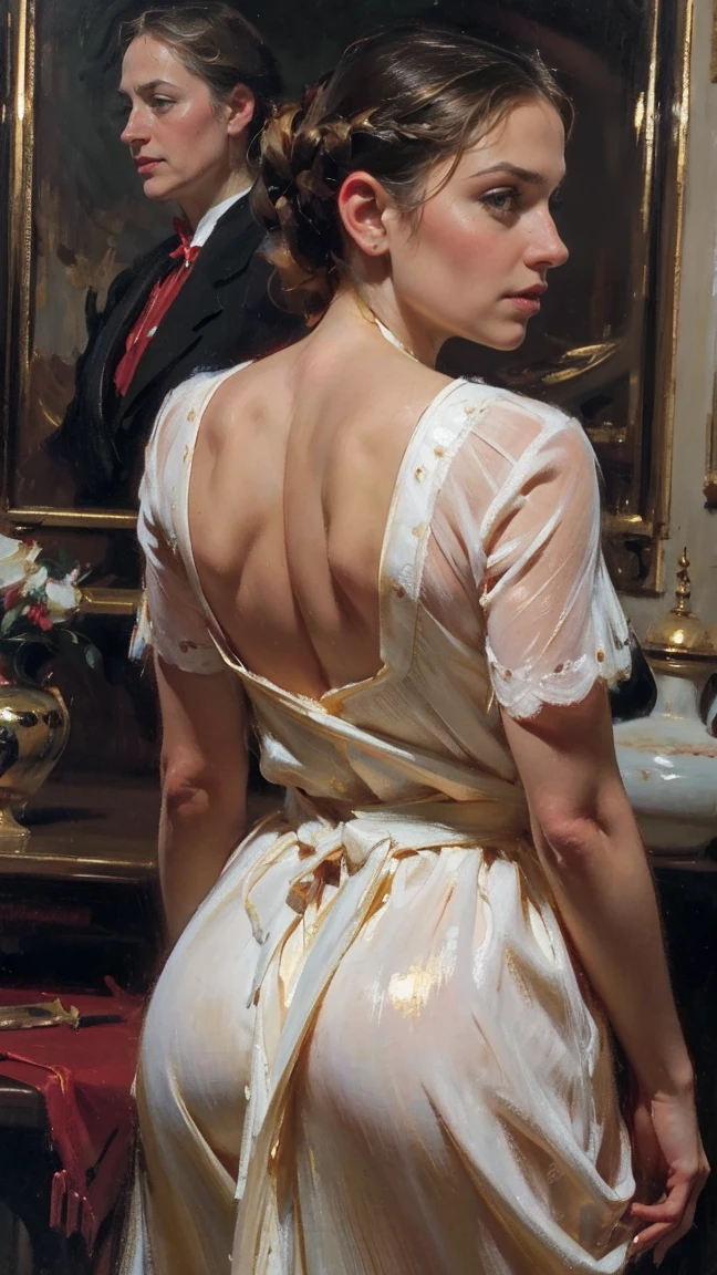(AOC:1.1), Braga, from behind, encorvado, Caderas anchas, muslos gruesos, Oil painting, by Sargent, (Mejor calidad,4k,8K,high resolution,obra maestra:1.2), ultra detallado, (realista,photorealista,photo-realista:1.37), retratos, warm color palette, soft lighting.