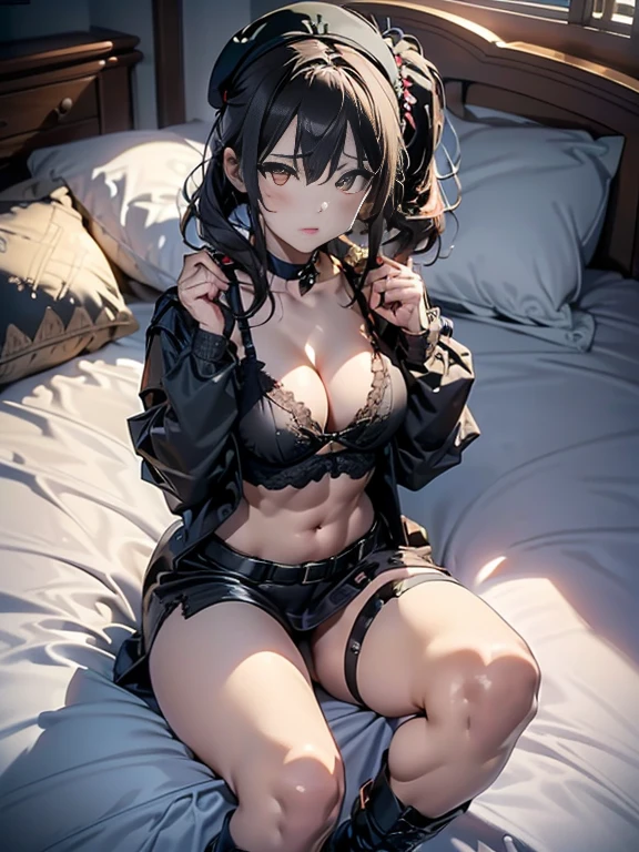 ubel,dark green hair,long hair,side ponytail,hair between eyes,bangs, (beret, black jacket, open clothes, cleavage, midriff, (Make the subject look three-dimensional with the contrast of light and shadow),Cute and beautiful 22yo girl,(masterpiece:1.2), best quality, high resolution, unity 8k wallpaper, (illustration:0.8), (beautiful detailed eyes:1.6), extremely detailed face, perfect lighting, extremely detailed CG, (perfect hands, perfect anatomy),(brown eyes: 1.1),Brown hair,watching at viewers,black suspenders,(Bulging ,big breasts:1.1),tacticul jacet,Black miniskirt,garters,Gaze,Small face,bangss,holster,Belt Armament,Beautuful Women srestrained,hands up,sitting Lying in bed,Leg holster ,Gaze,black boots,panty shot, extremely detailed face, perfect lighting, extremely detailed CG,