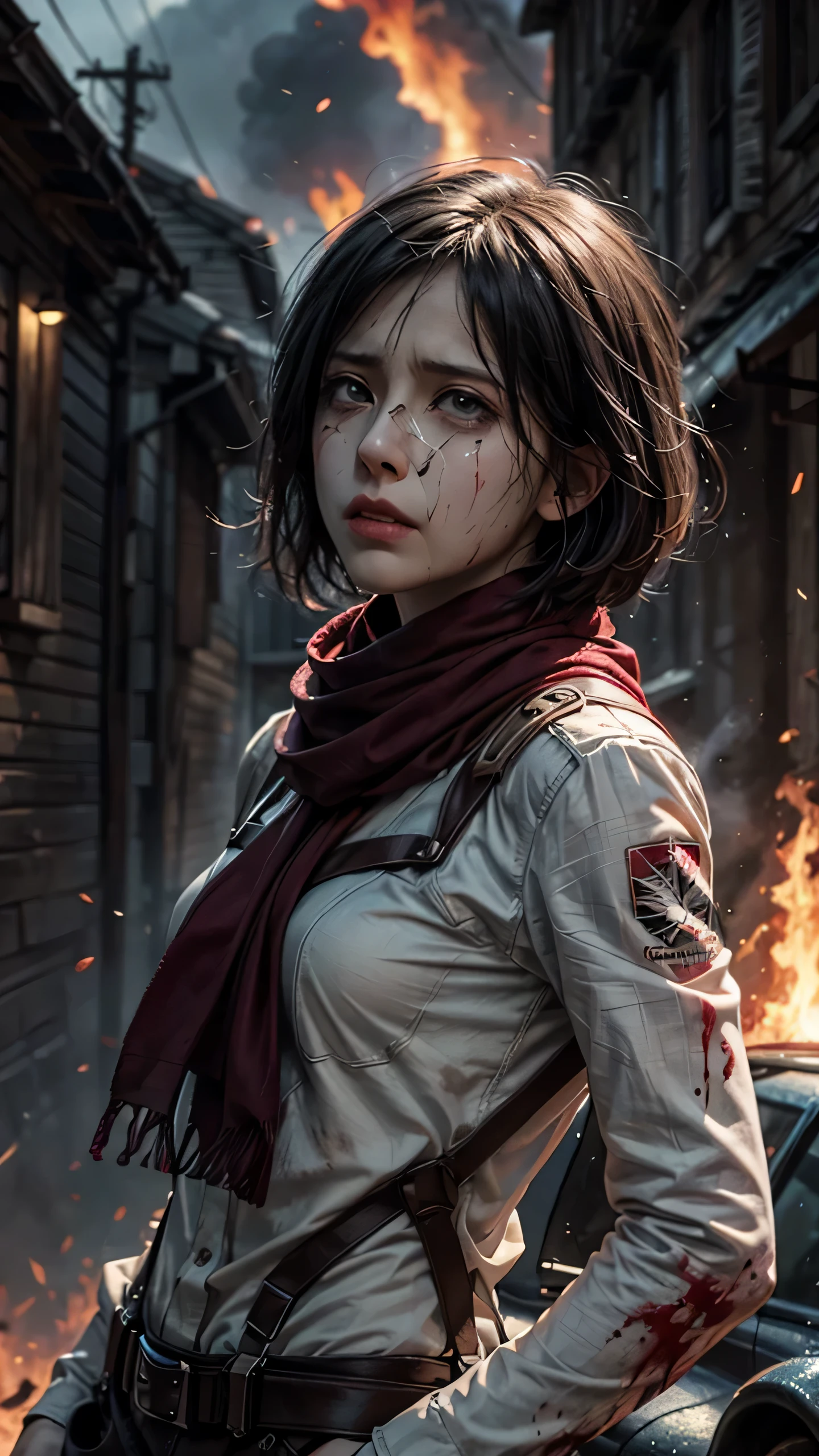 (masterpiece), (hyper realistic), Attack on Titan, half body shot, Mikasa Ackerman, Crying, sadness, Tears, A maroon scarf around his neck, blood stains on his face and clothes, dinamic lighting, dramatic fire background