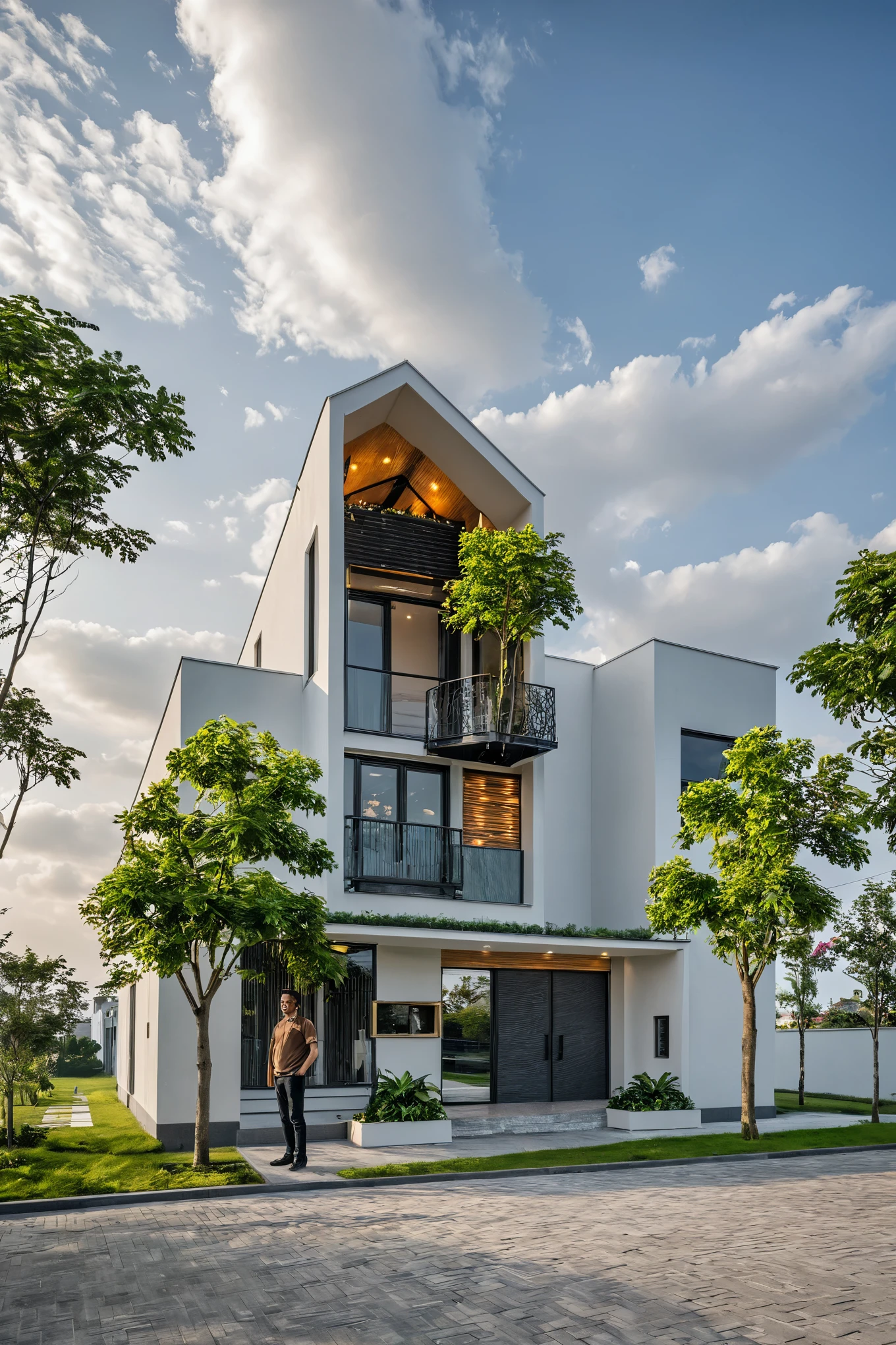 Masterpiece, high quality, best quality, authentic, super detail, outdoors, onestoreyvillaXL, aiaigroup, house style modern on the street ,stairs, white wall ,road,pavement, grass, trees, sky, cloud, (daylight:1.1)
