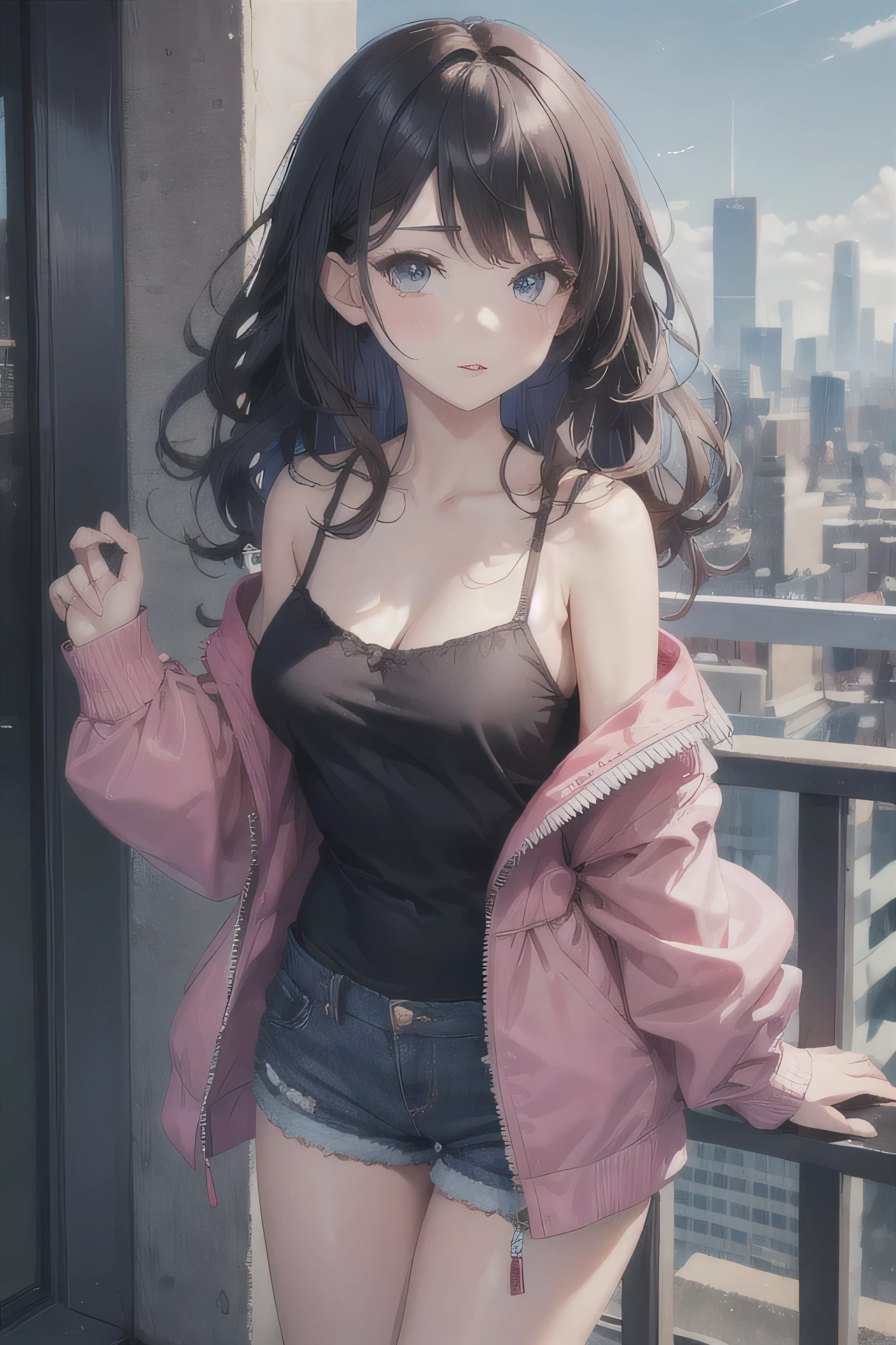 1girl,cute, medium breasts,  wavy hair,  looking at viewer,crystal eyes, black hair,day,cityscape, shorts, off shoulder, bare shoulders, open jacket , detailed background,glossy lips,